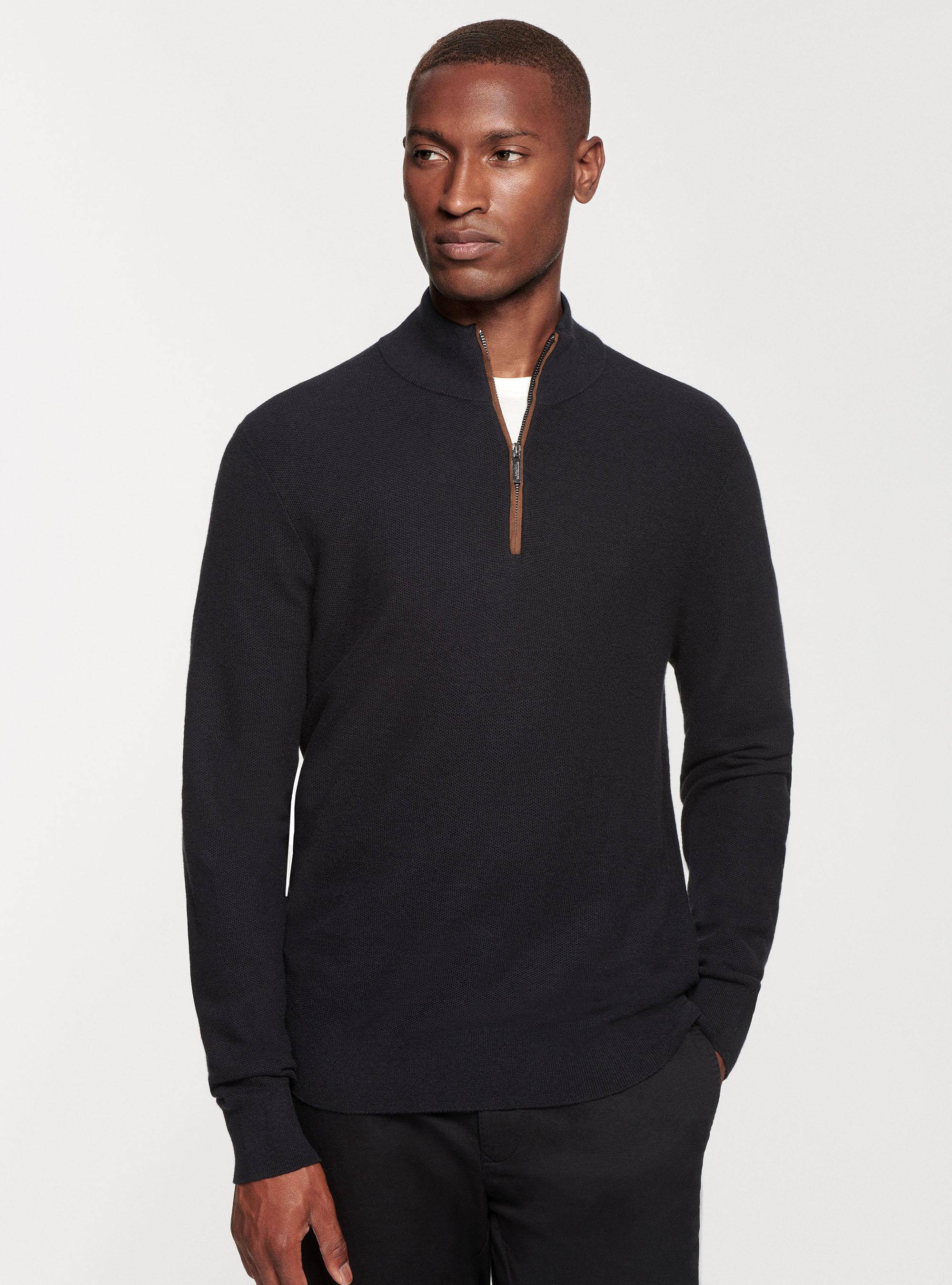 Maglia mezza zip in cotone cashmere, NERO