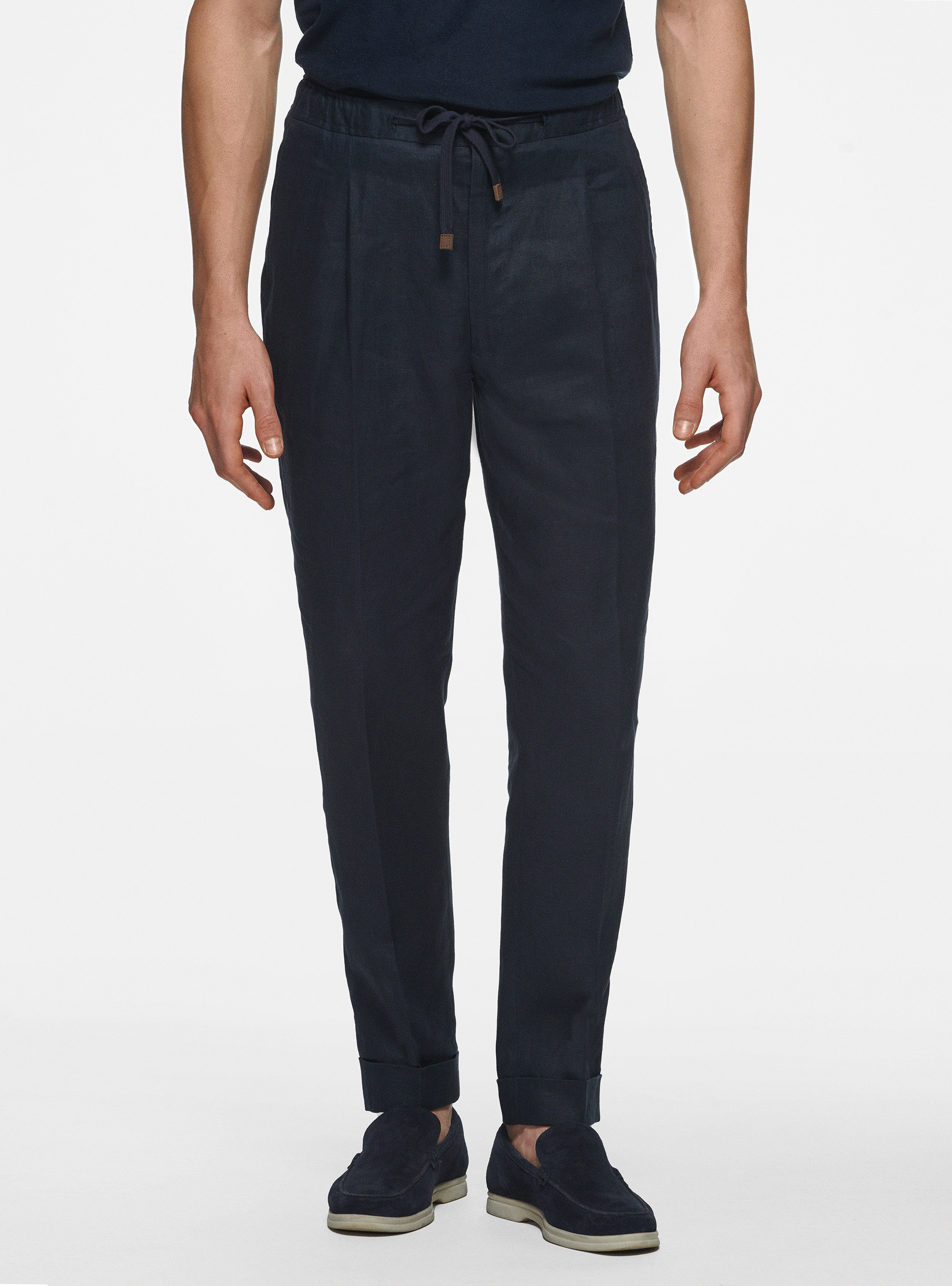 Pantaloni in puro lino con coulisse, BLU NAVY