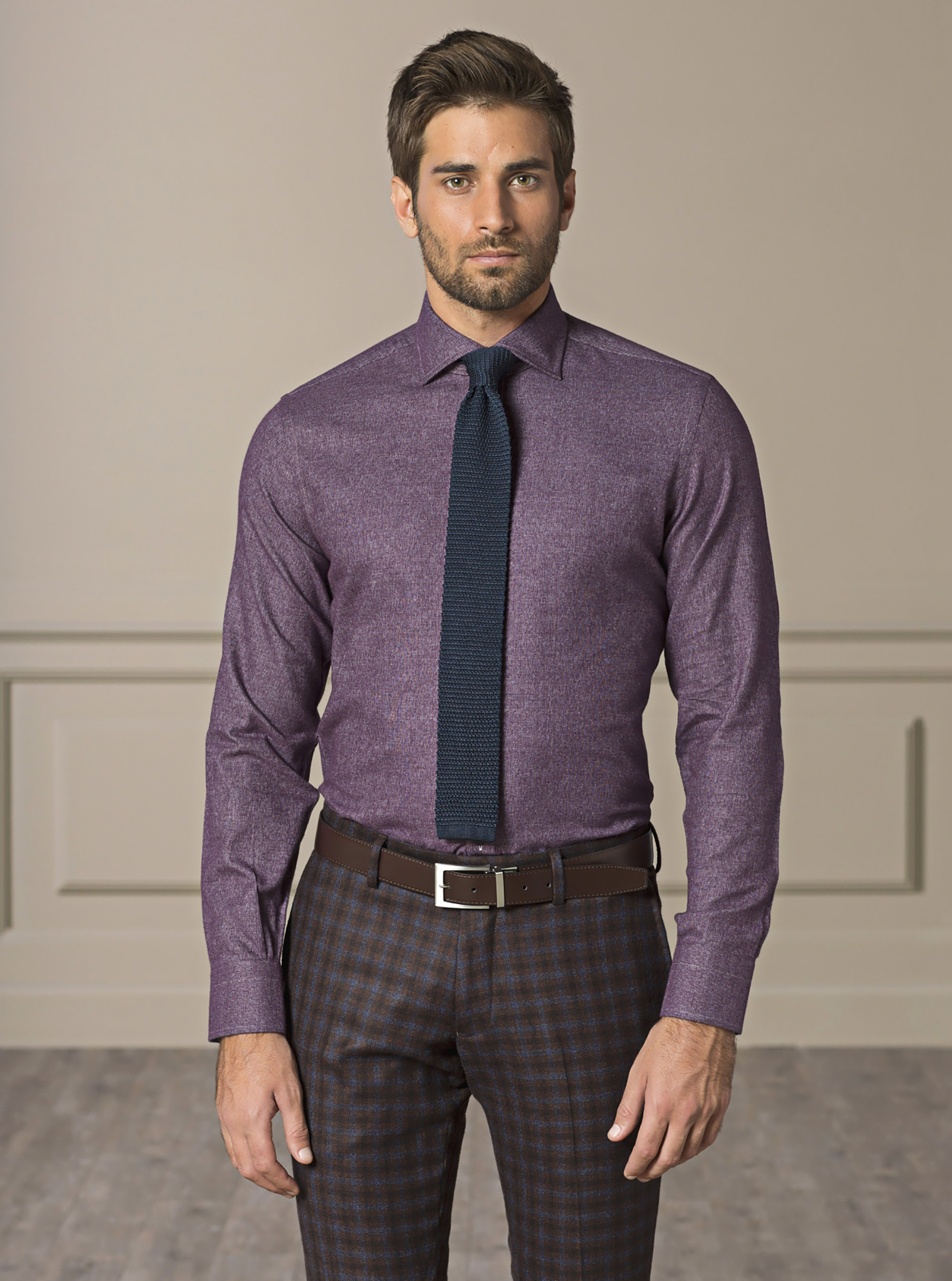 Camicia collo francese in flanella di cotone, BORDEAUX