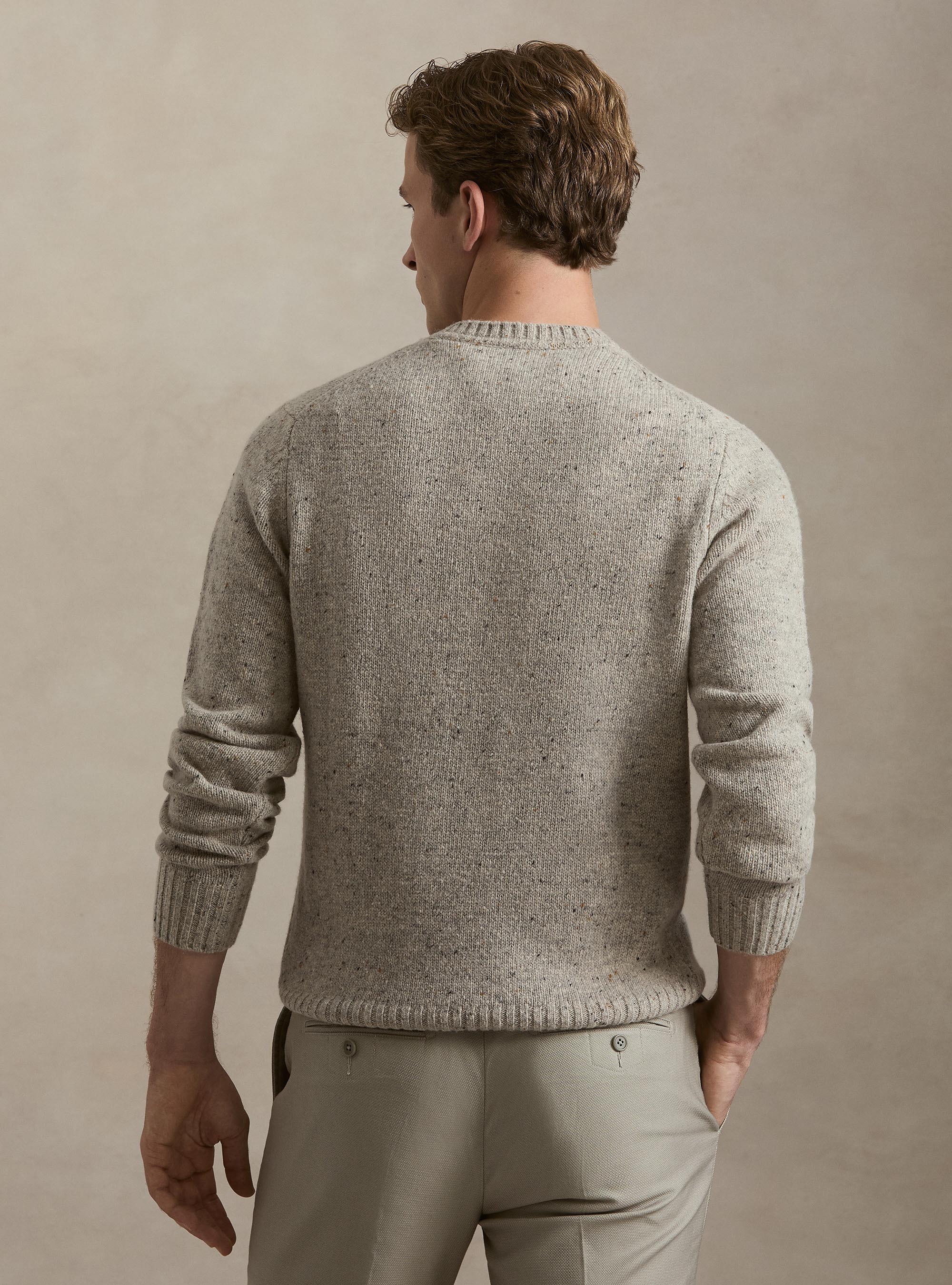 Donegal-style merino wool blend crewneck sweater, LIGHT GREY MELANGE