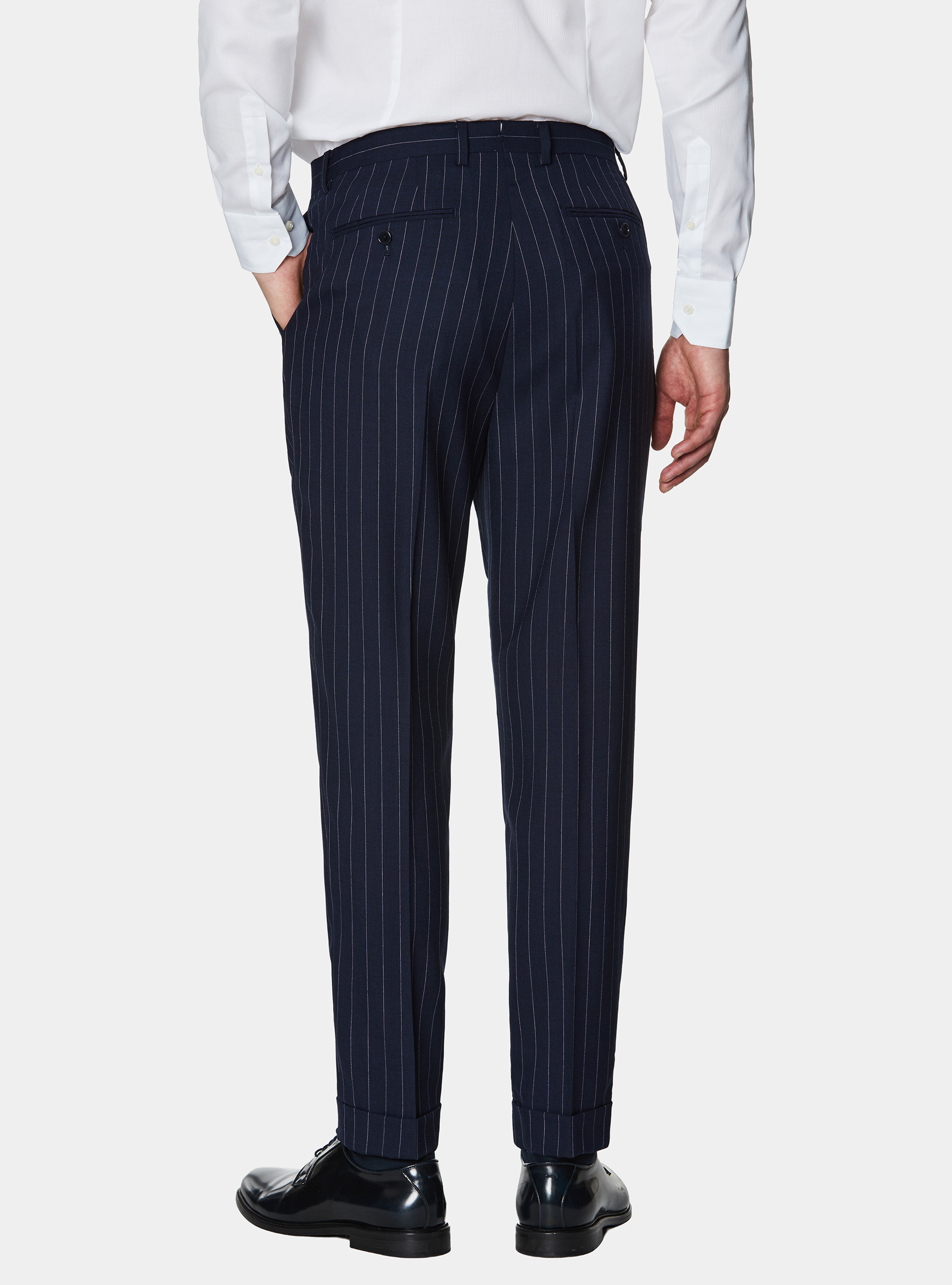 Double-breasted pinstriped wool suit trousers, NAVY BLUE