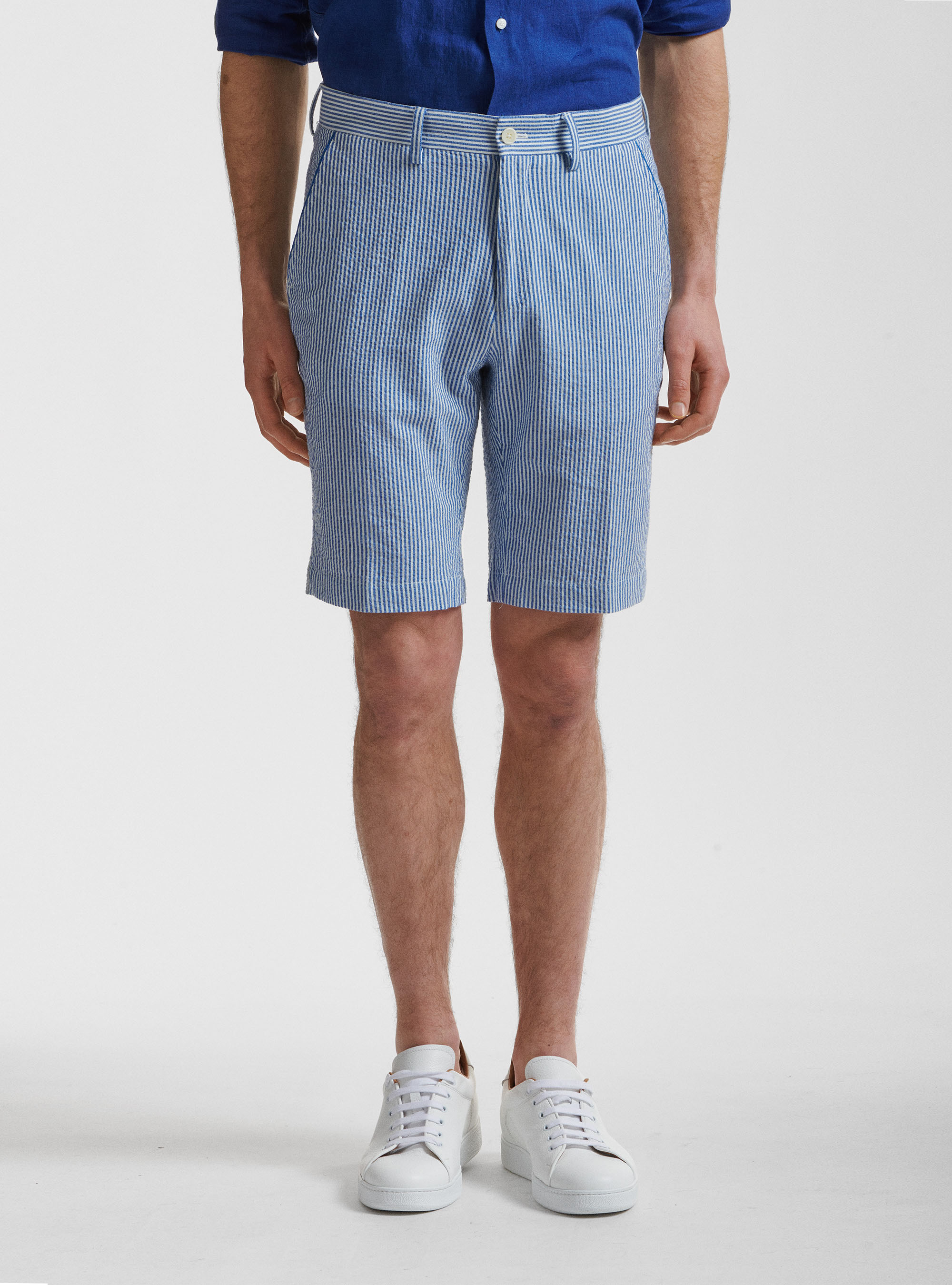 Bermudas de algod&oacute;n seersucker a rayas, CELESTE