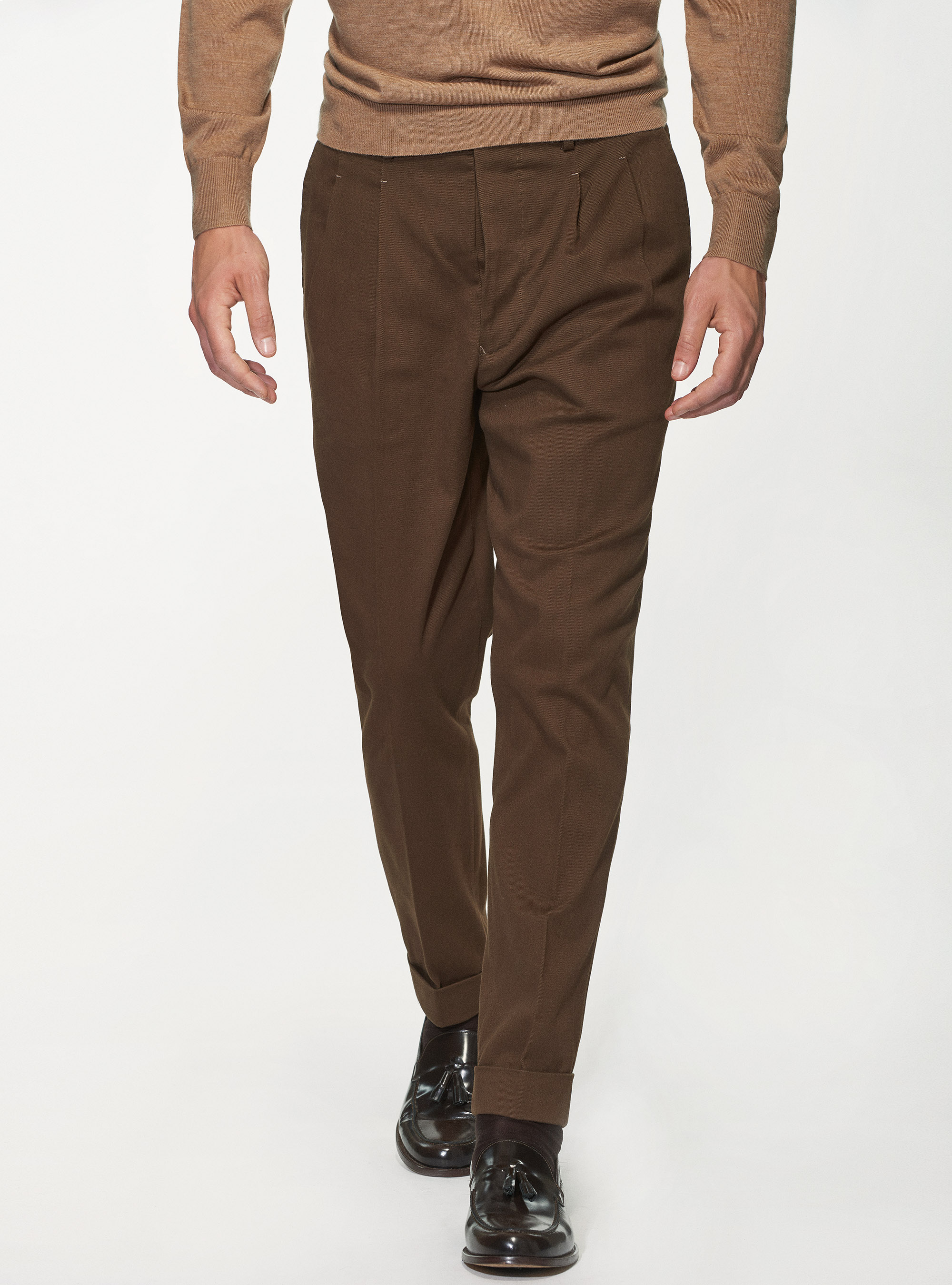 Pantaloni doppia pince in cotone smerigliato, MARRONE