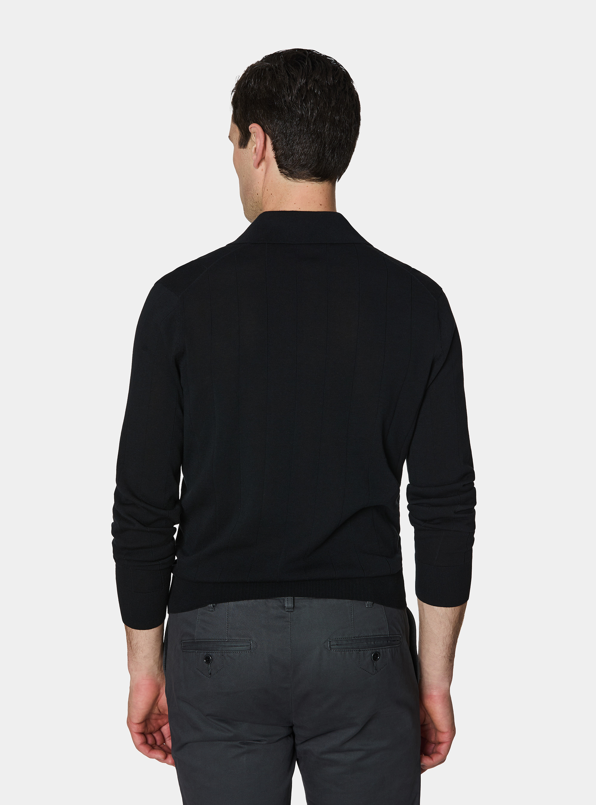 Long-sleeved knit polo shirt, BLACK