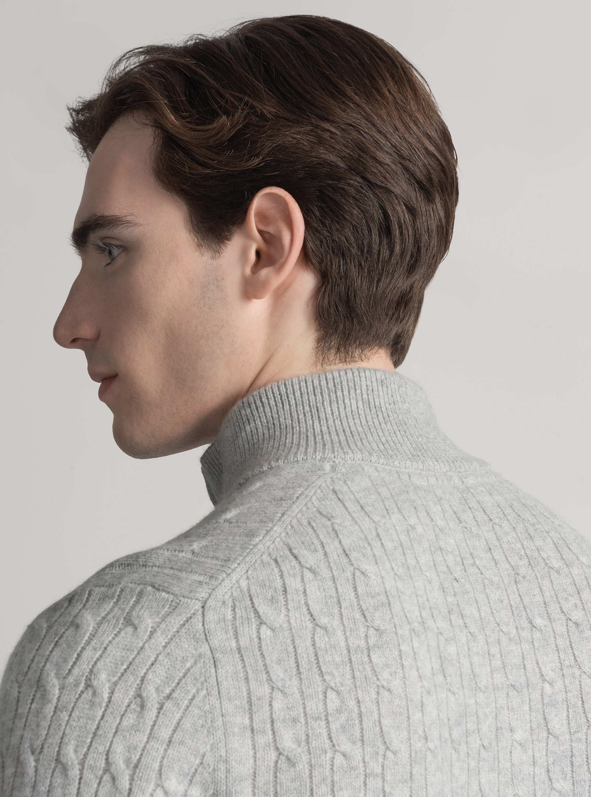 Sweater with mock neck and cashmere wool braid, LIGHT GREY MELANGE