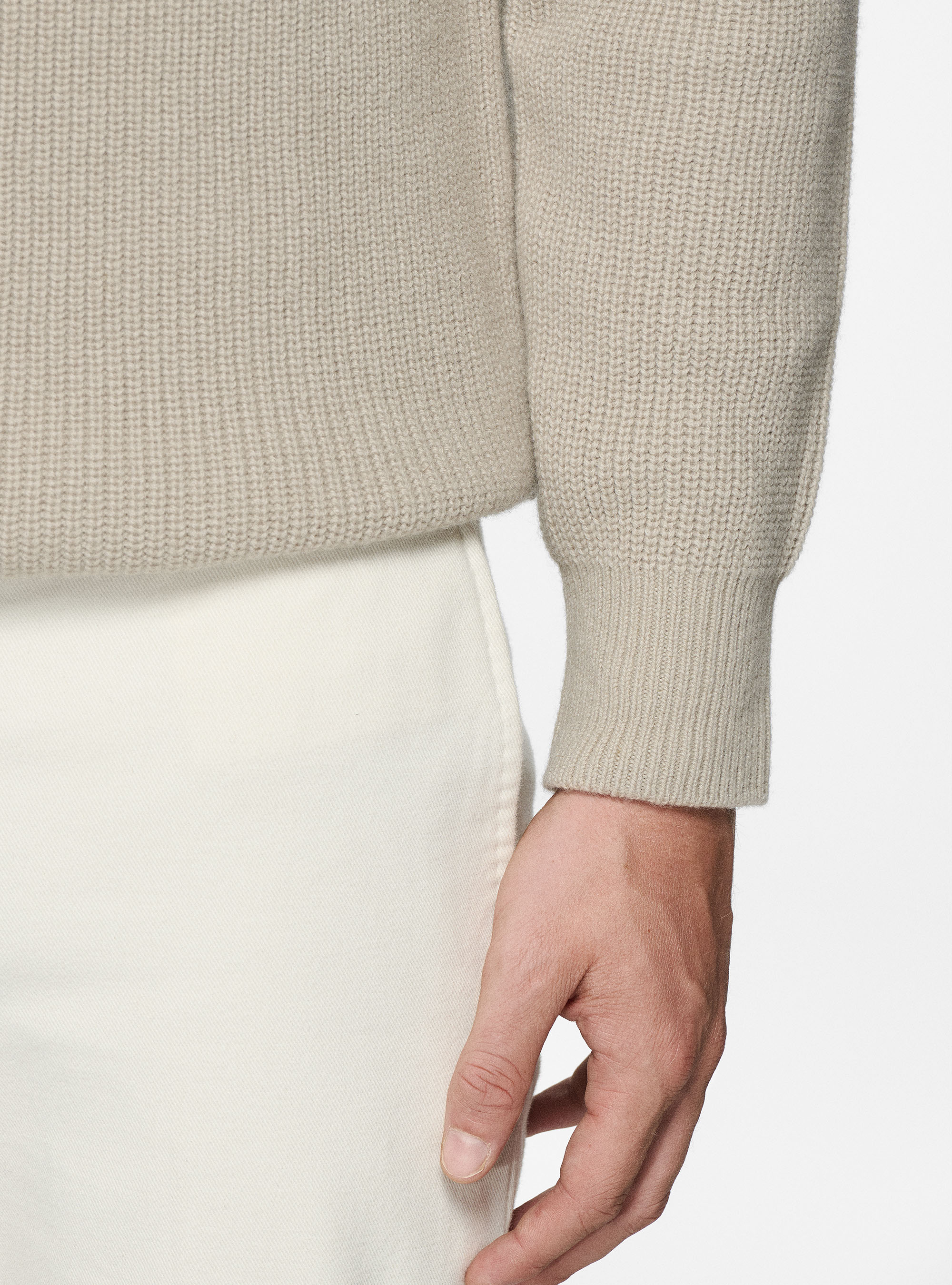 Maglia collo alto a costa perlata in lana merino, SABBIA