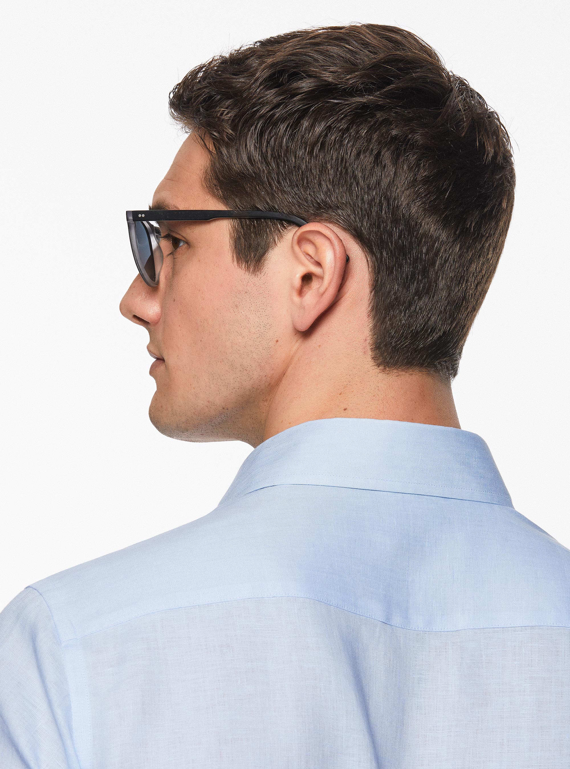 Camisa de lino puro con cuello semifranc&eacute;s, CELESTE