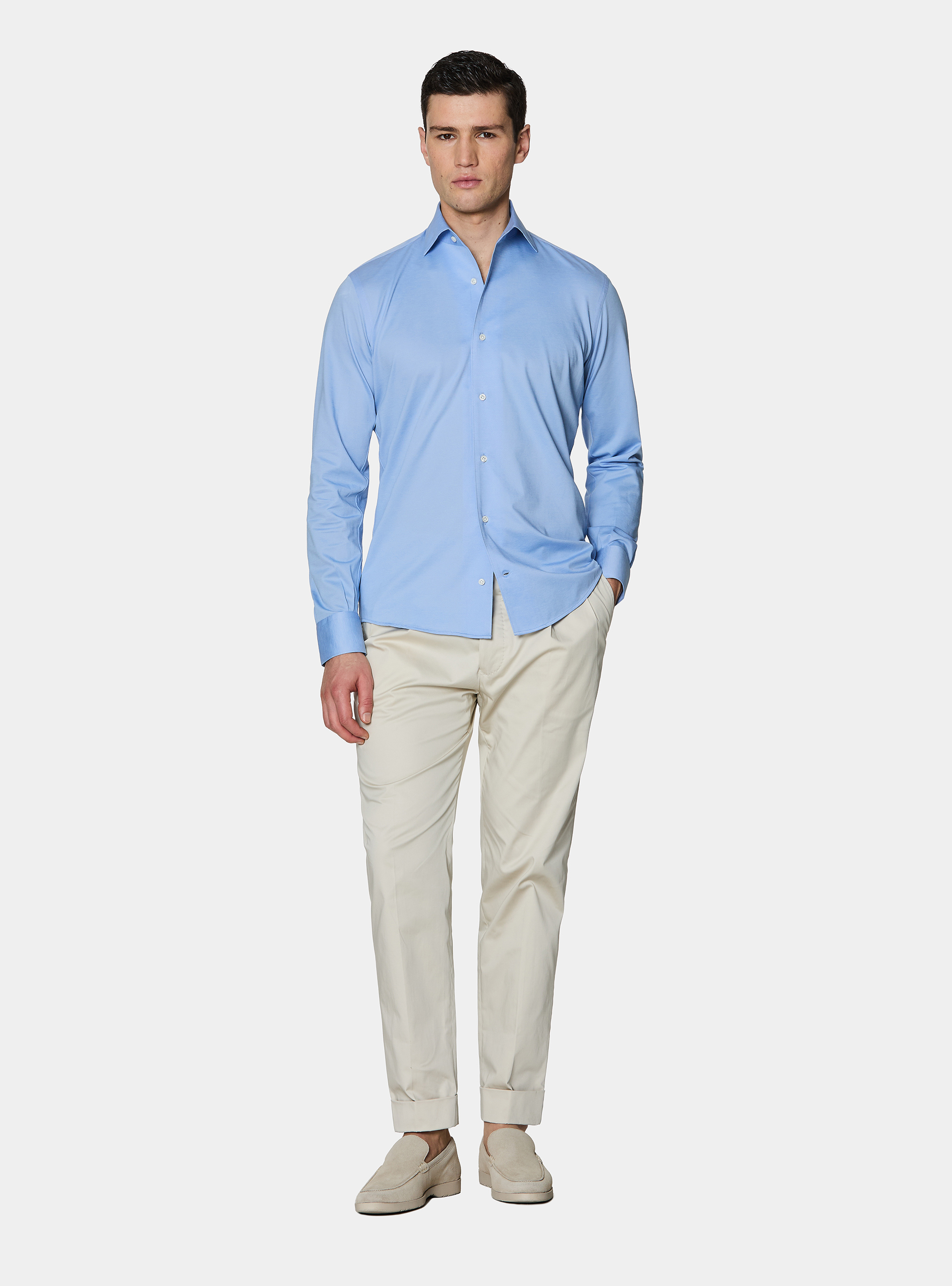 Camicia in jersey misto cotone paramontura, AZZURRO