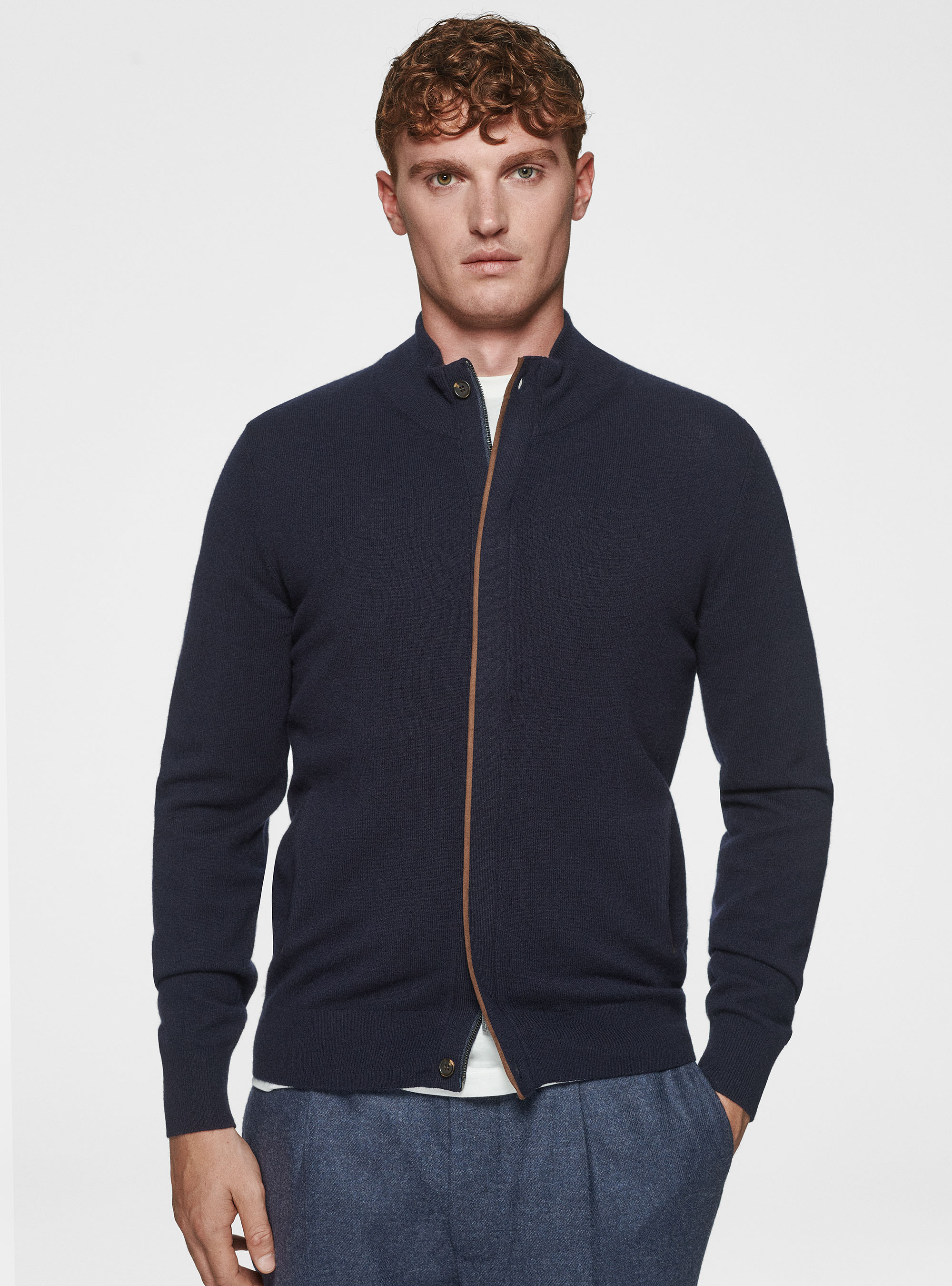 Cardigan in maglia con zip in lana lambswool e cashmere, BLU NAVY
