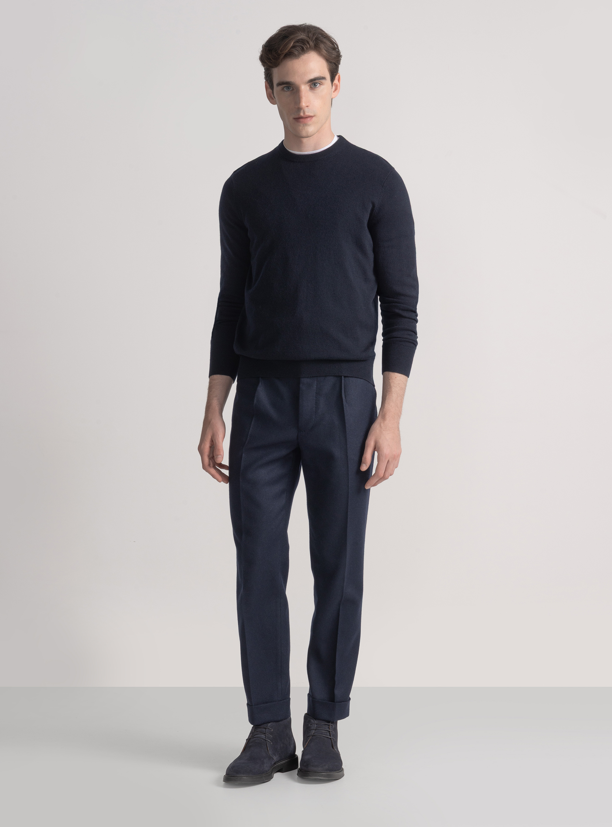 Punto de cuello redondo en mezcla de lana, AZUL MARINO