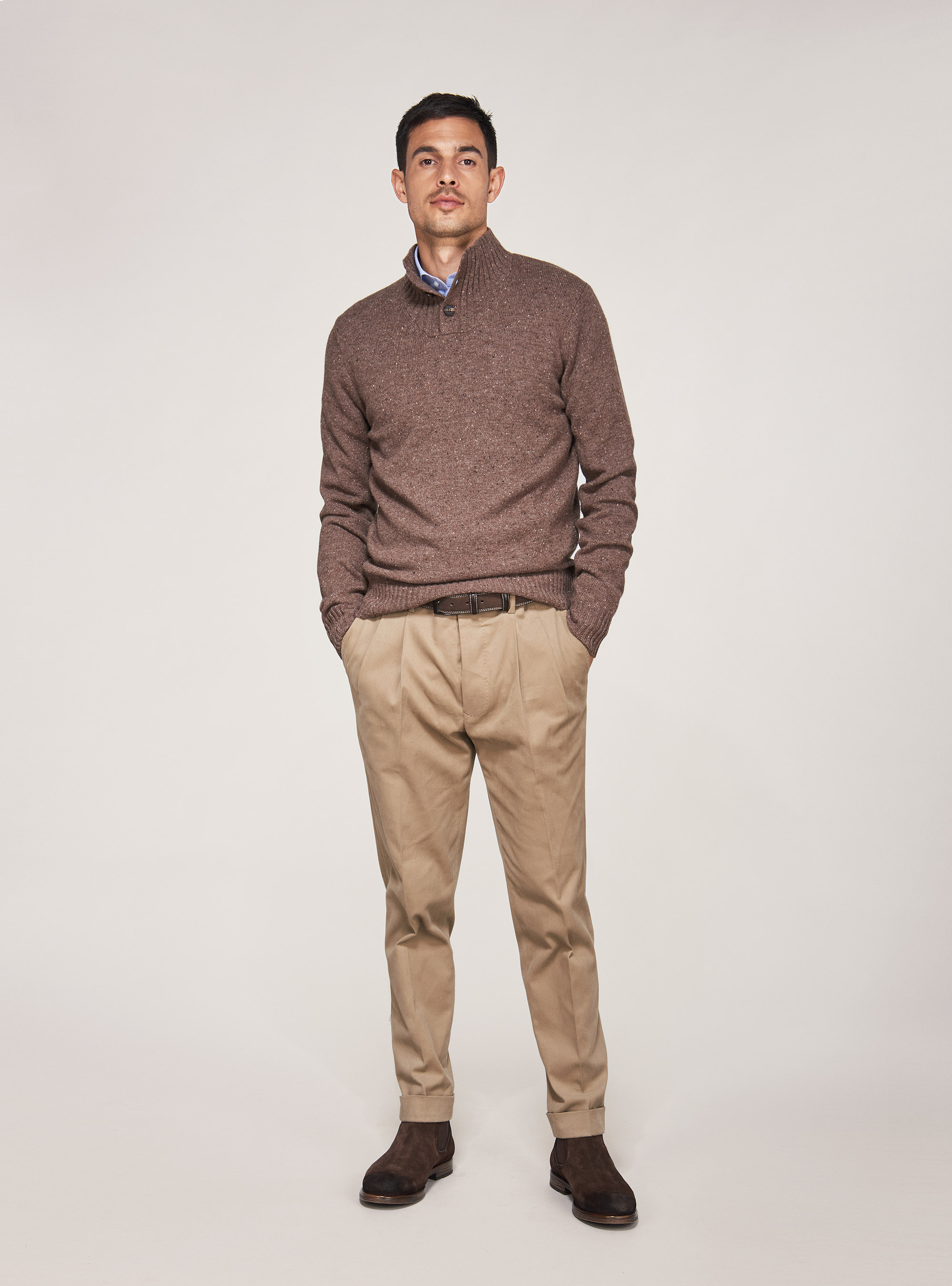 Maglia mezzo collo con bottoni in misto lana, FANGO