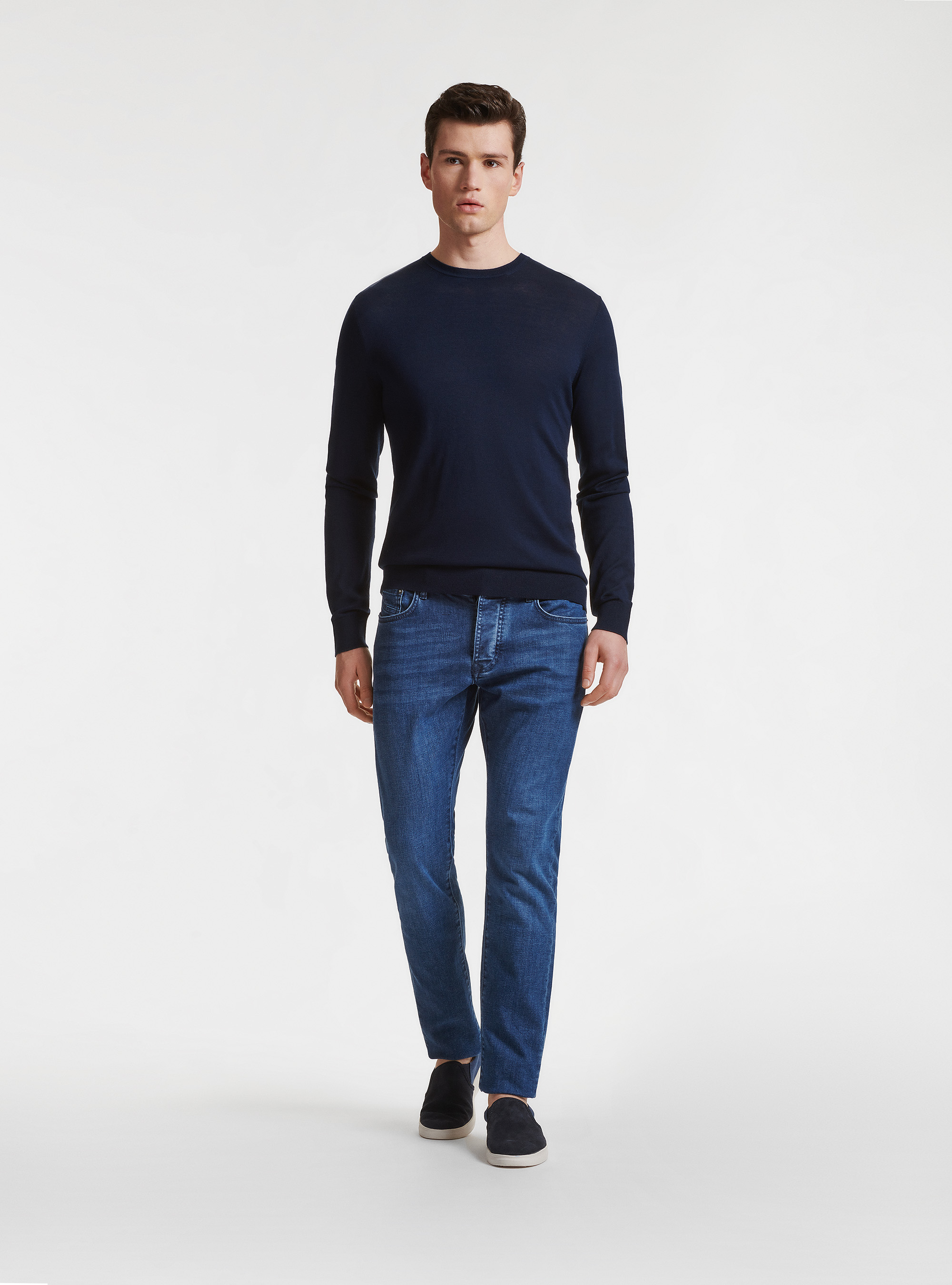 Maglia girocollo in seta e cotone, BLU NAVY