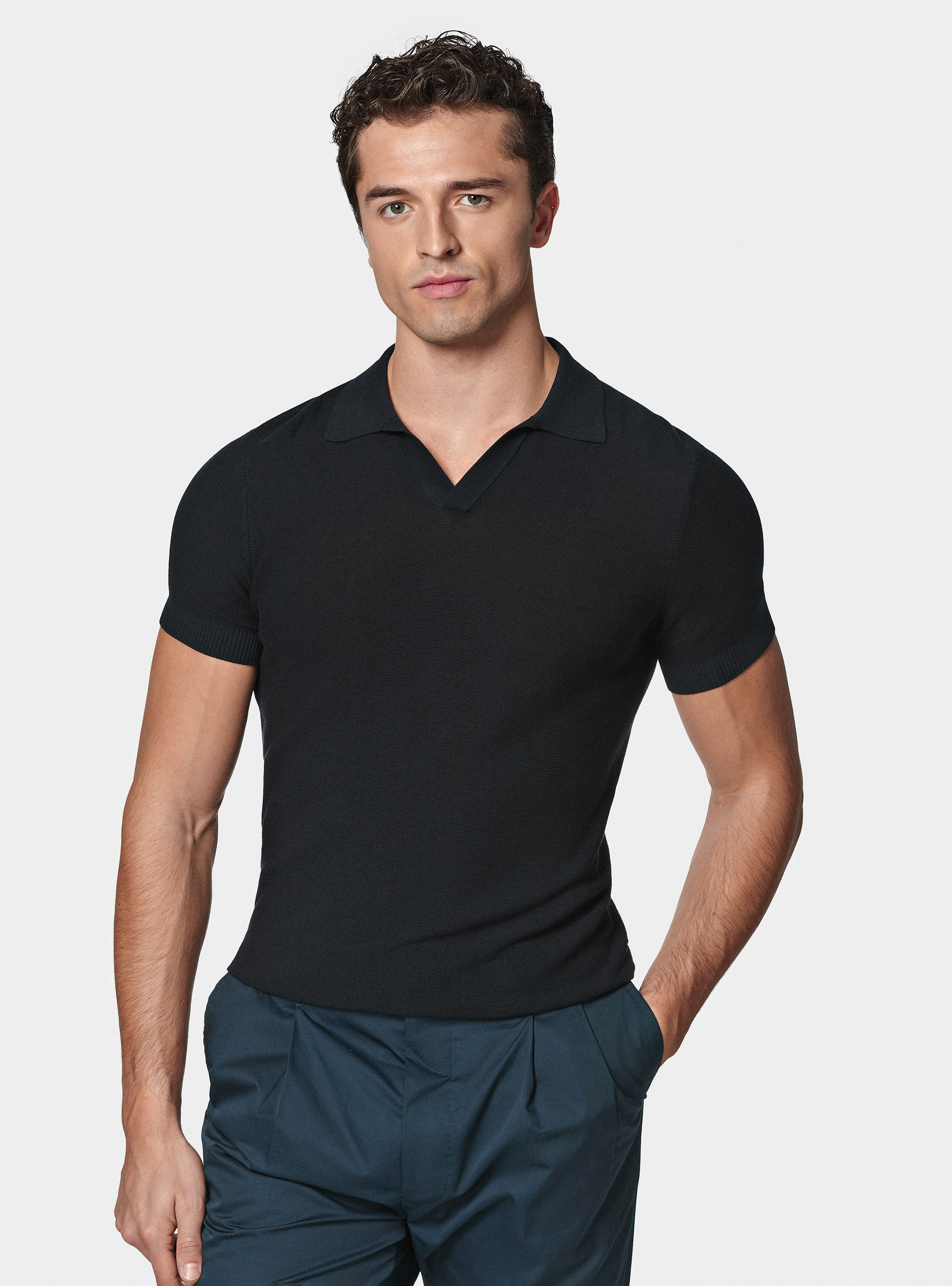 Knitted links polo shirt in extra-fine cotton, NAVY BLUE