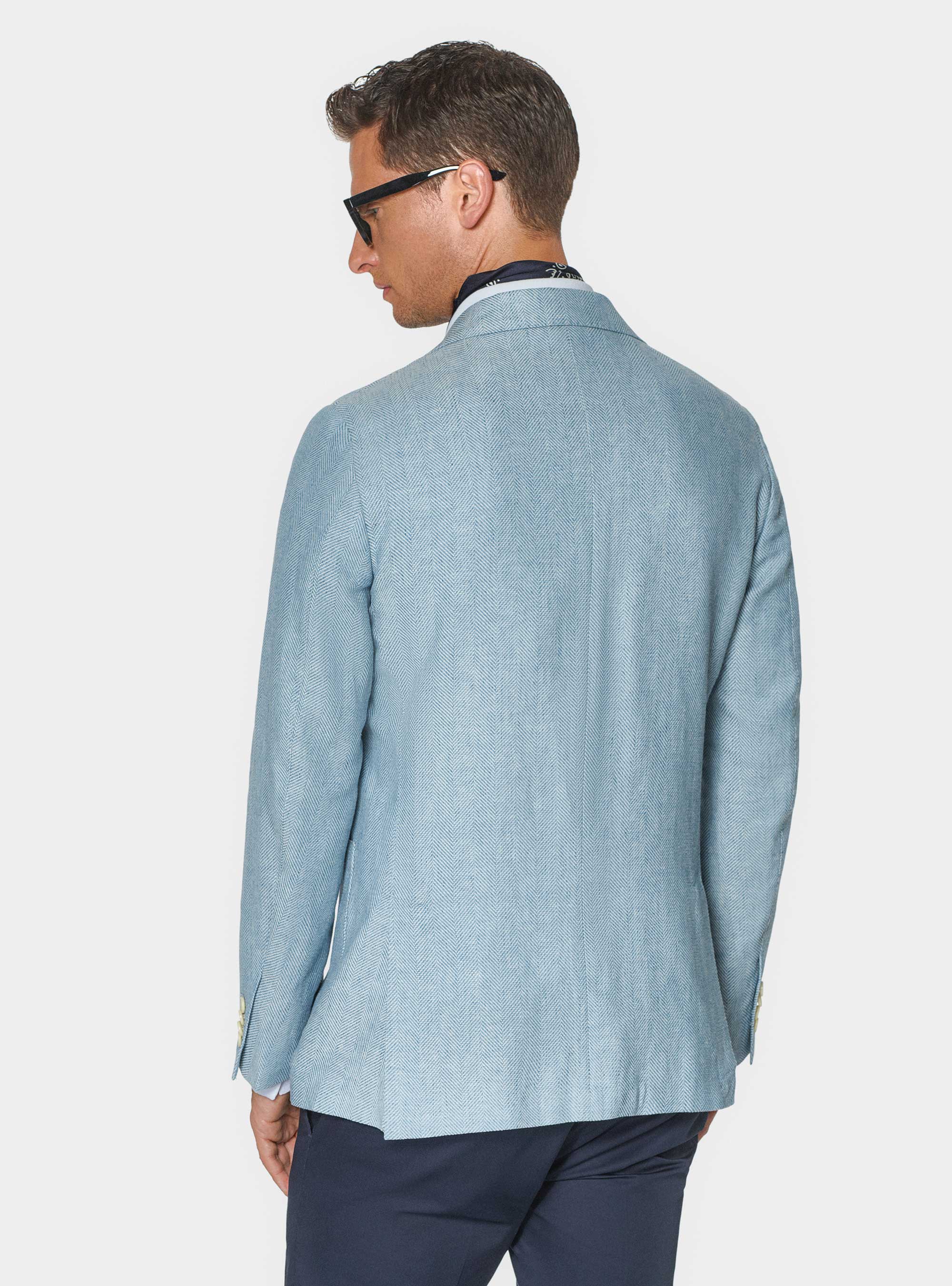 Giacca spigata in lino e cotone, AZZURRO