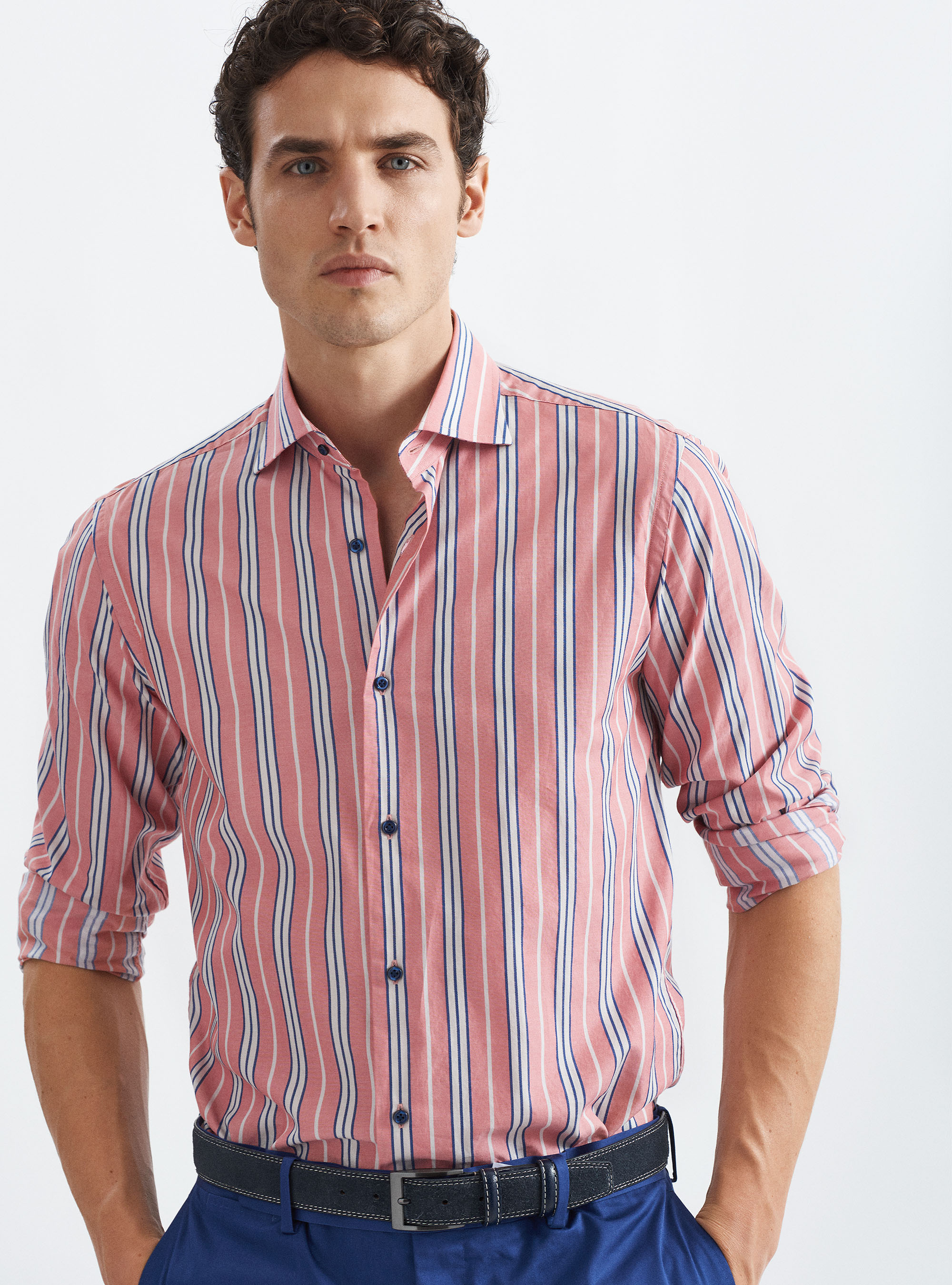 Camicia collo francese in puro cotone a righe, ROSSO