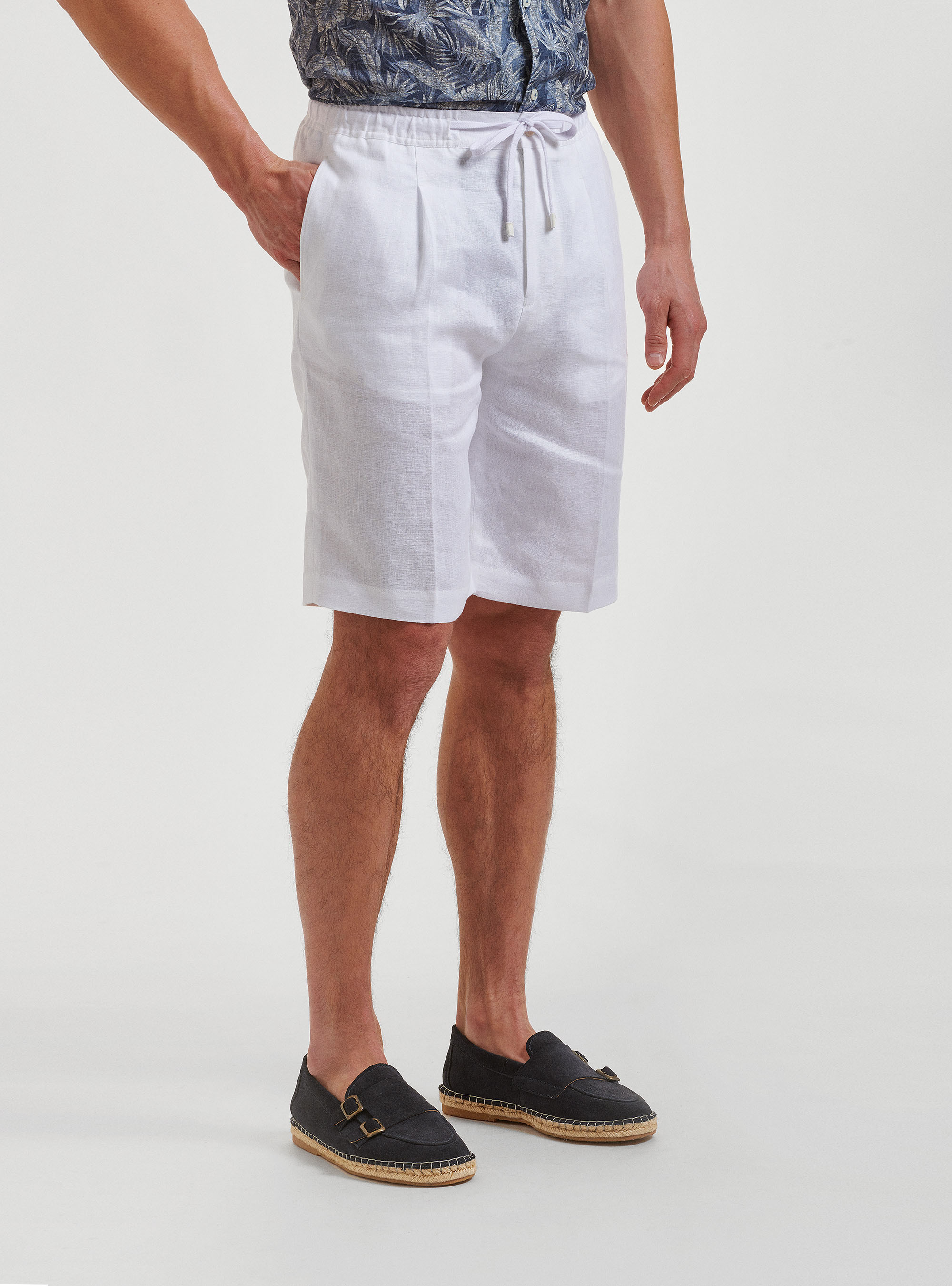 Bermuda tinta unita in lino, BIANCO