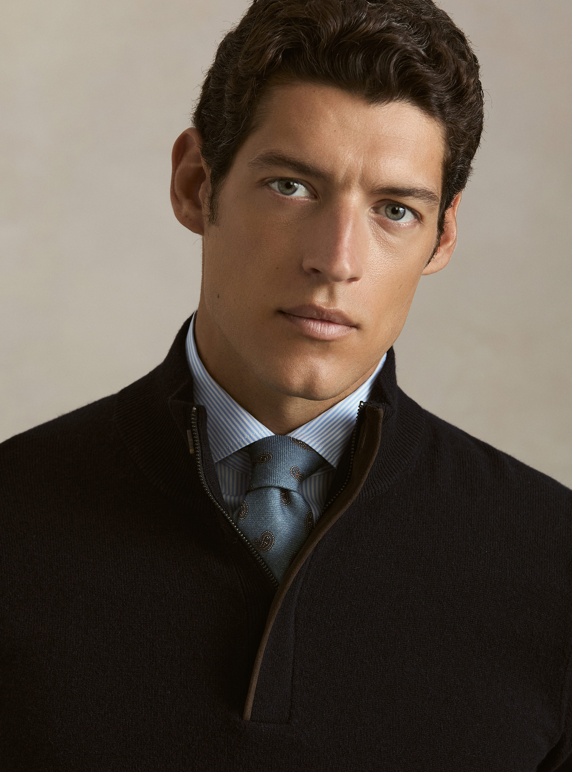 Half-zip lambswool and cashmere sweater, NAVY BLUE