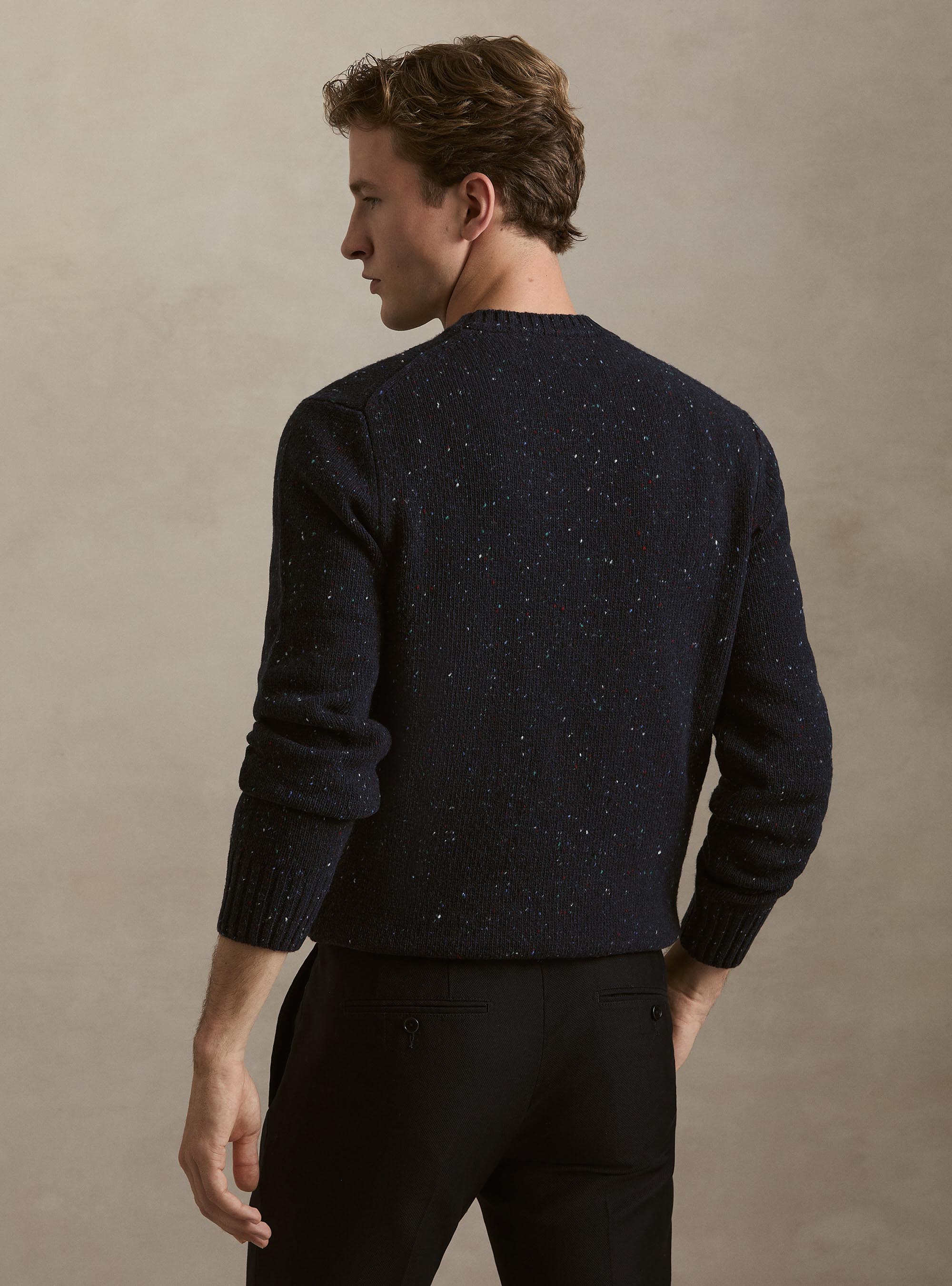 Donegal-style merino wool blend crewneck sweater, NAVY BLUE