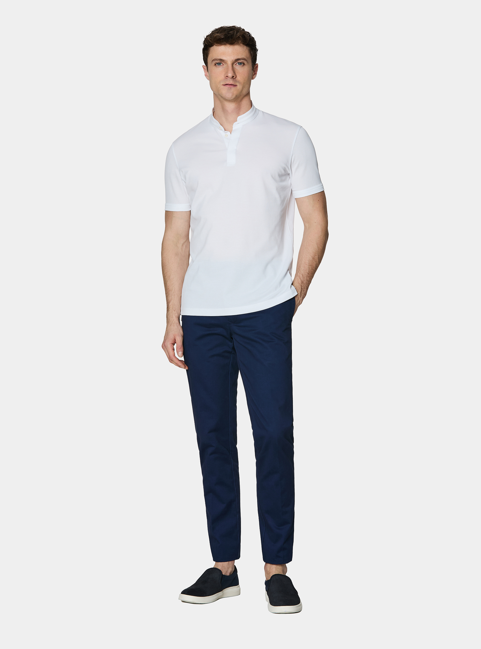 Polo collo coreano in misto cotone stretch, BIANCO