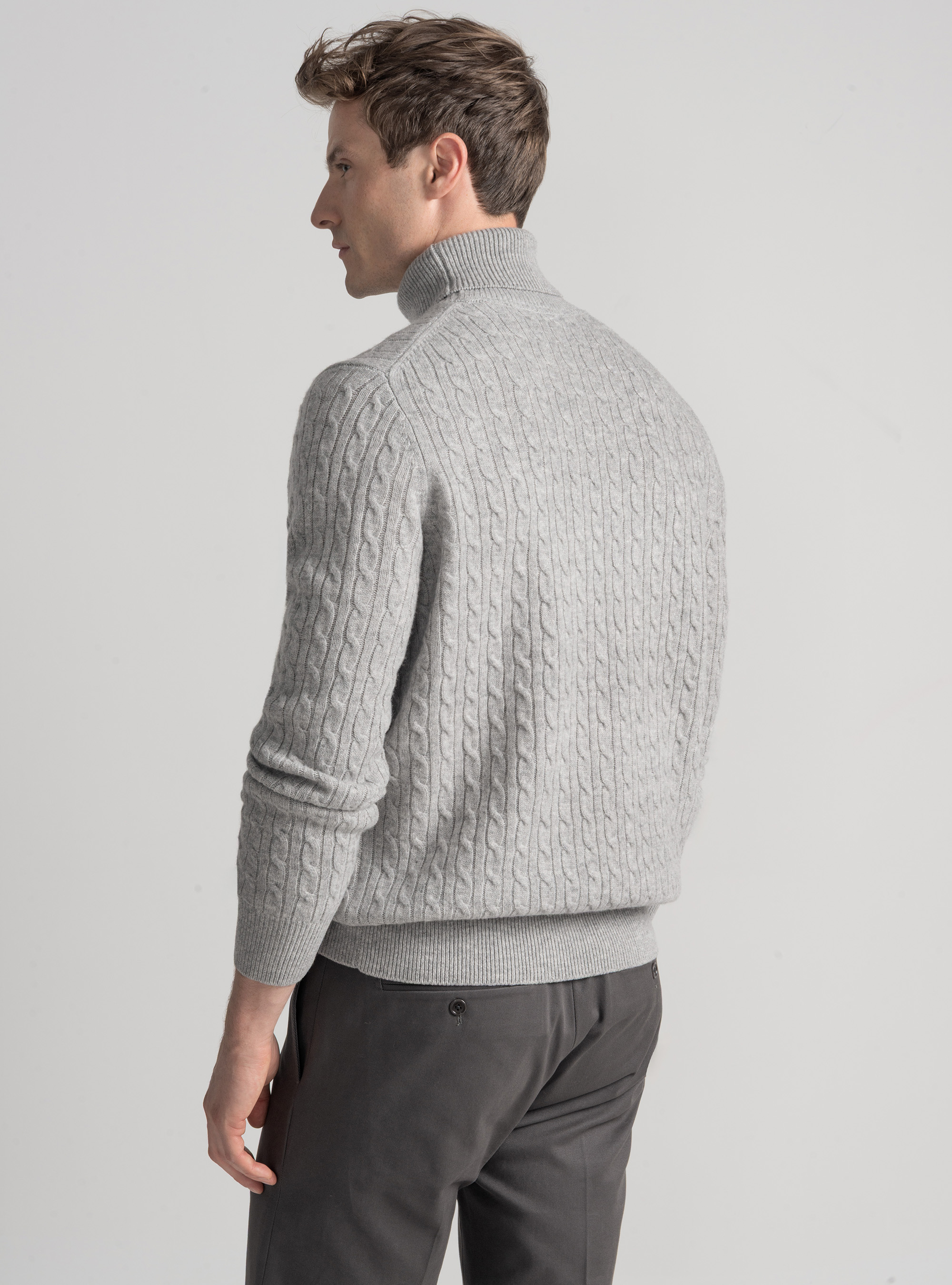 Turtleneck sweater with cashmere wool braid, LIGHT GREY MELANGE