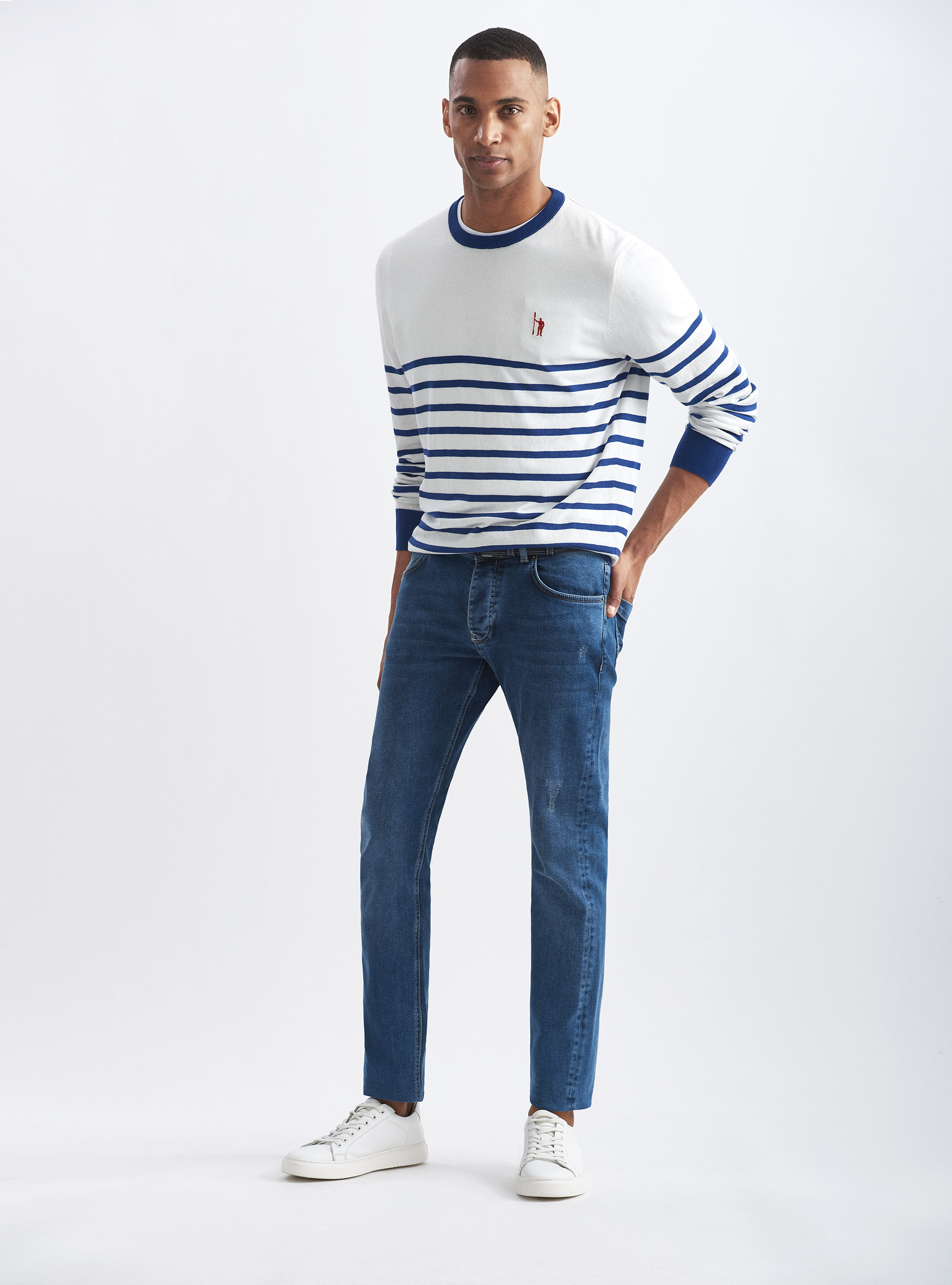 Silk and striped cotton crew-neck sweater, WHITE