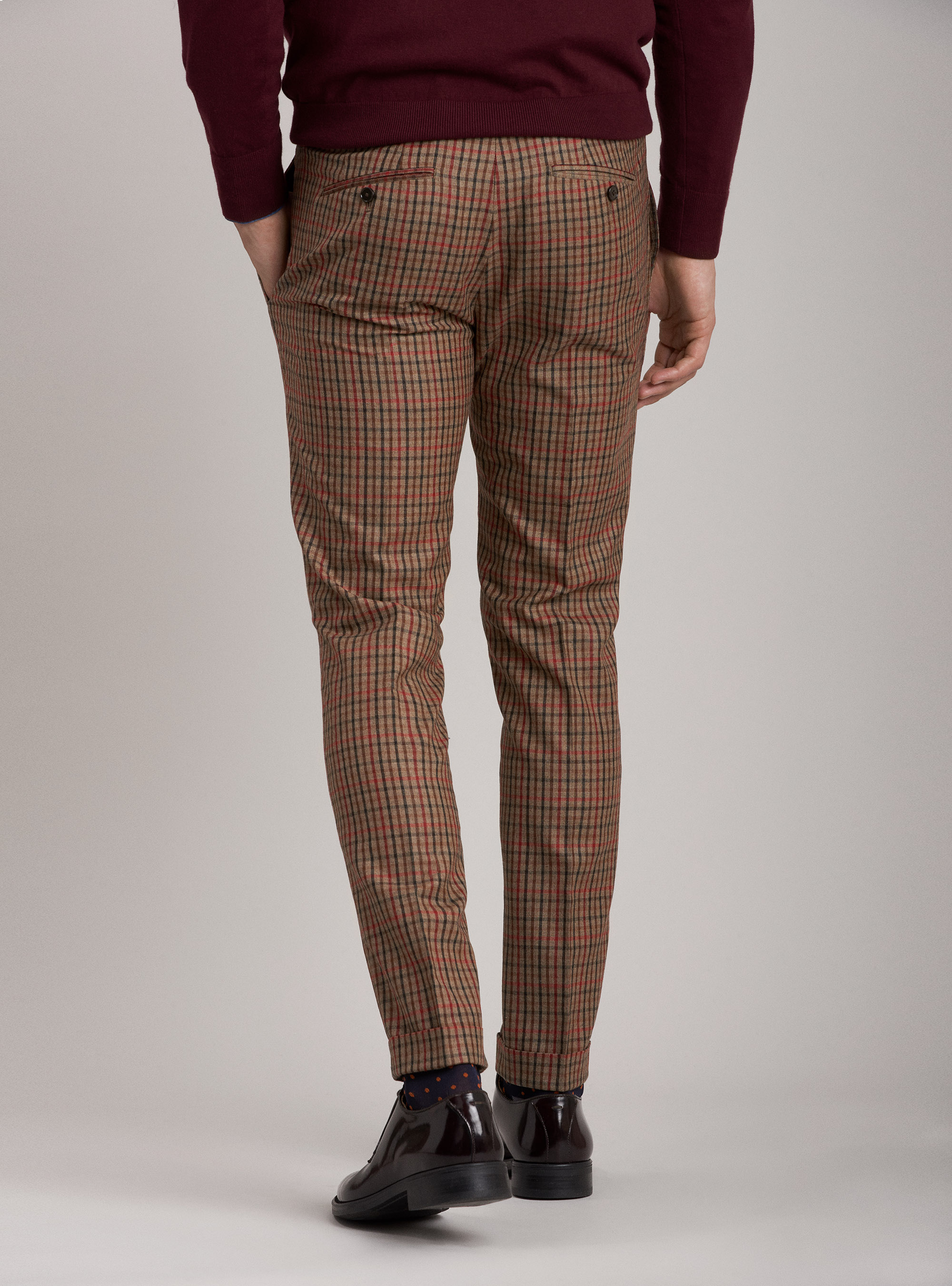 Tartan pants with super 100" wool pleats, ECRU