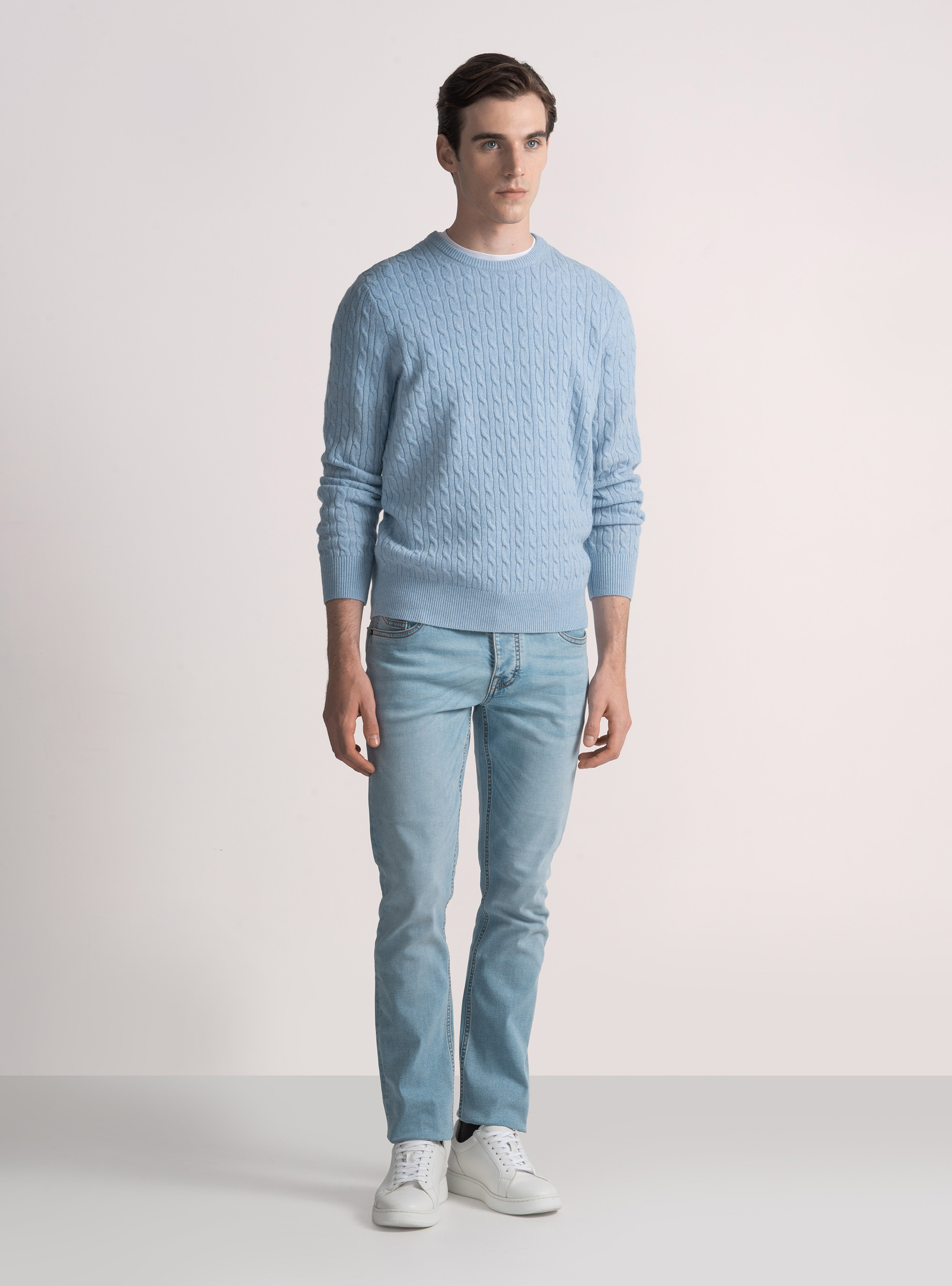 Cashmere wool crew-neck sweater with braid, AZZURRO POLVERE 0283C