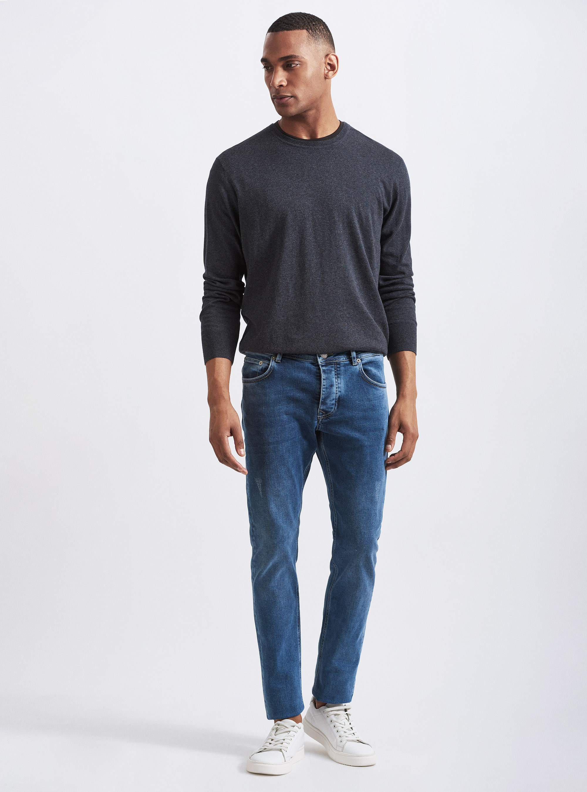 Round-neck cotton silk and cashmere sweater, ASPHALT GREY