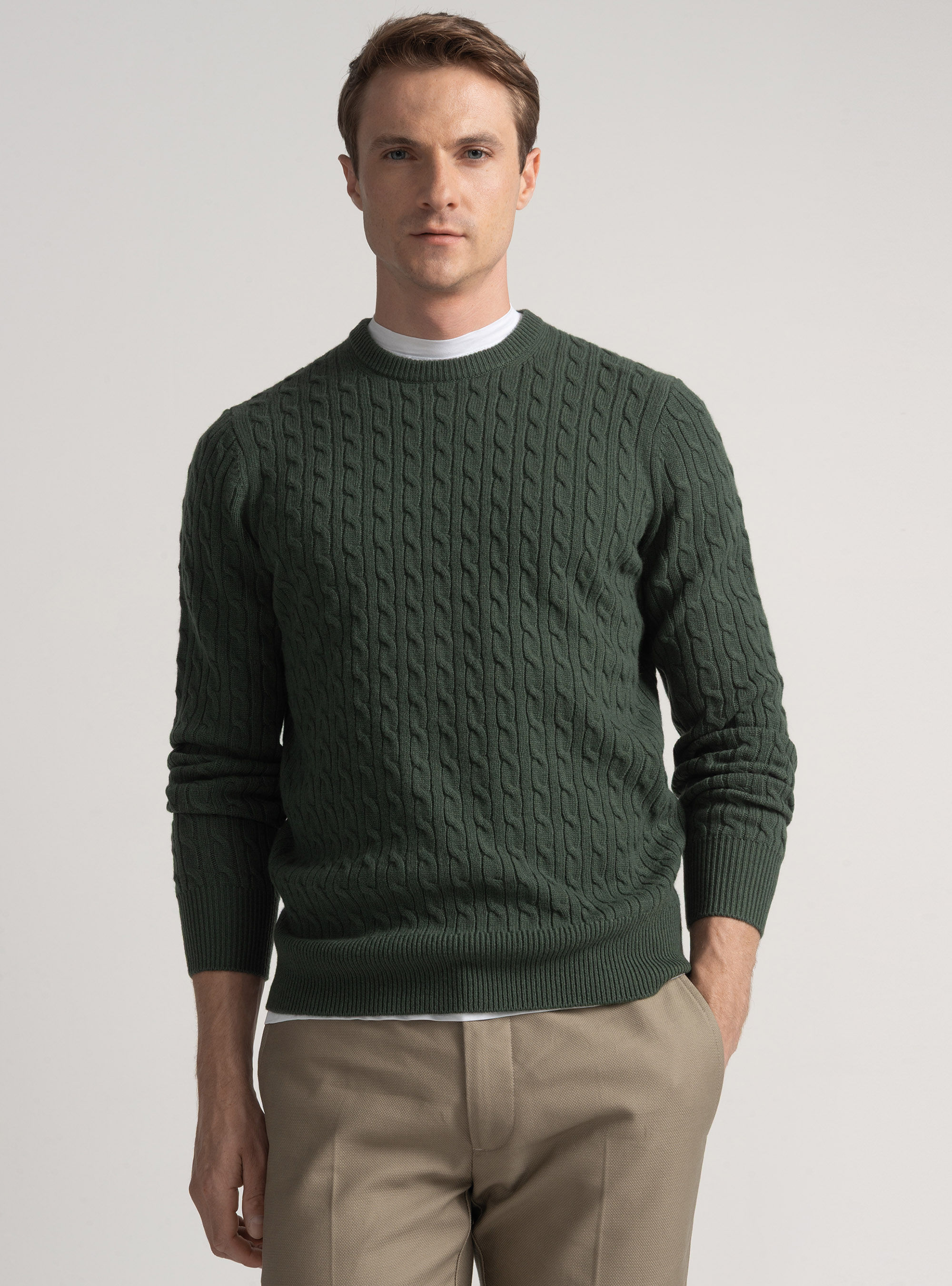 Maglia girocollo con treccia in lana e cashmere, MILITARE 0609C