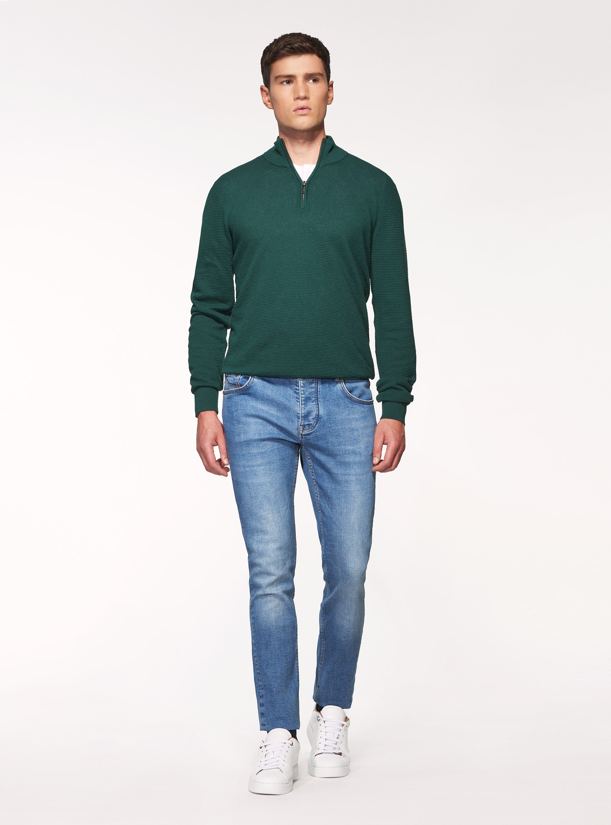 Maglia mezza zip in cotone cashmere punto riso, VERDE