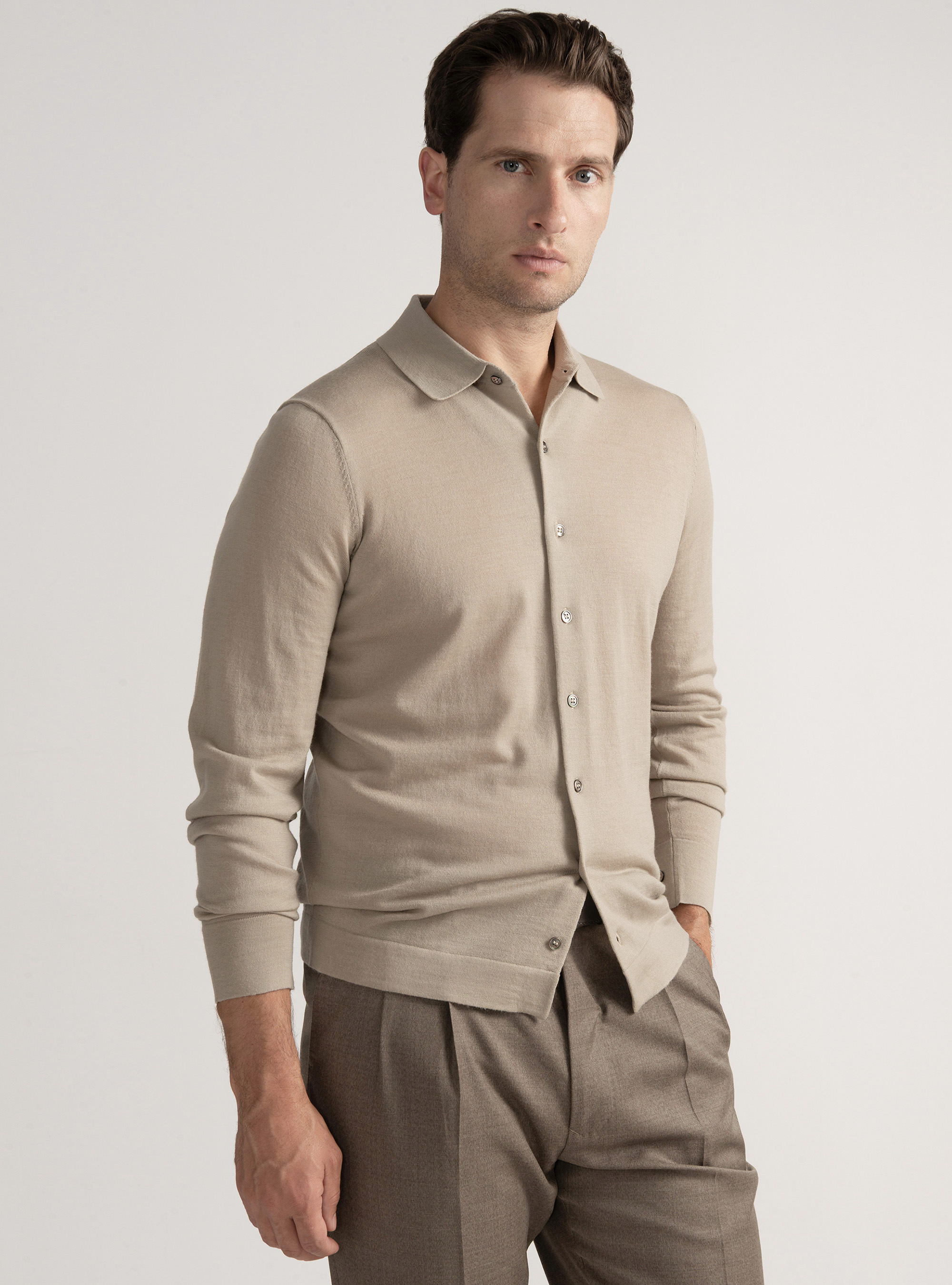 Polo camicia in maglia lana merino extrafine, SABBIA