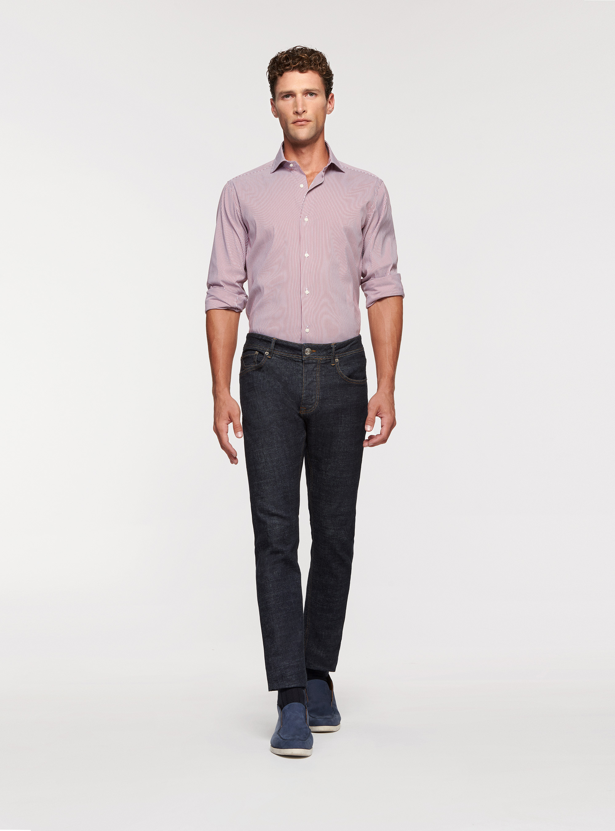 Camicia in popeline stretch rigato, BORDEAUX