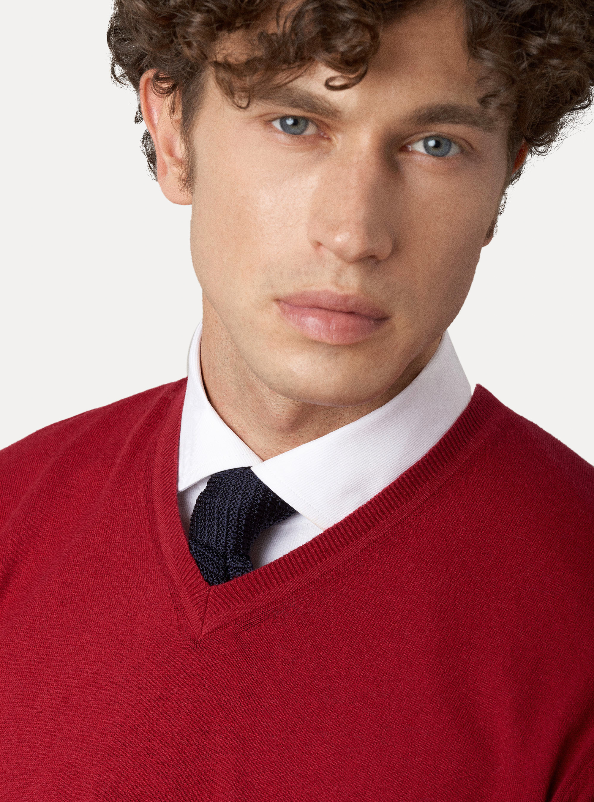 Maglia scollo a V in cotone seta e cashmere, ROSSO