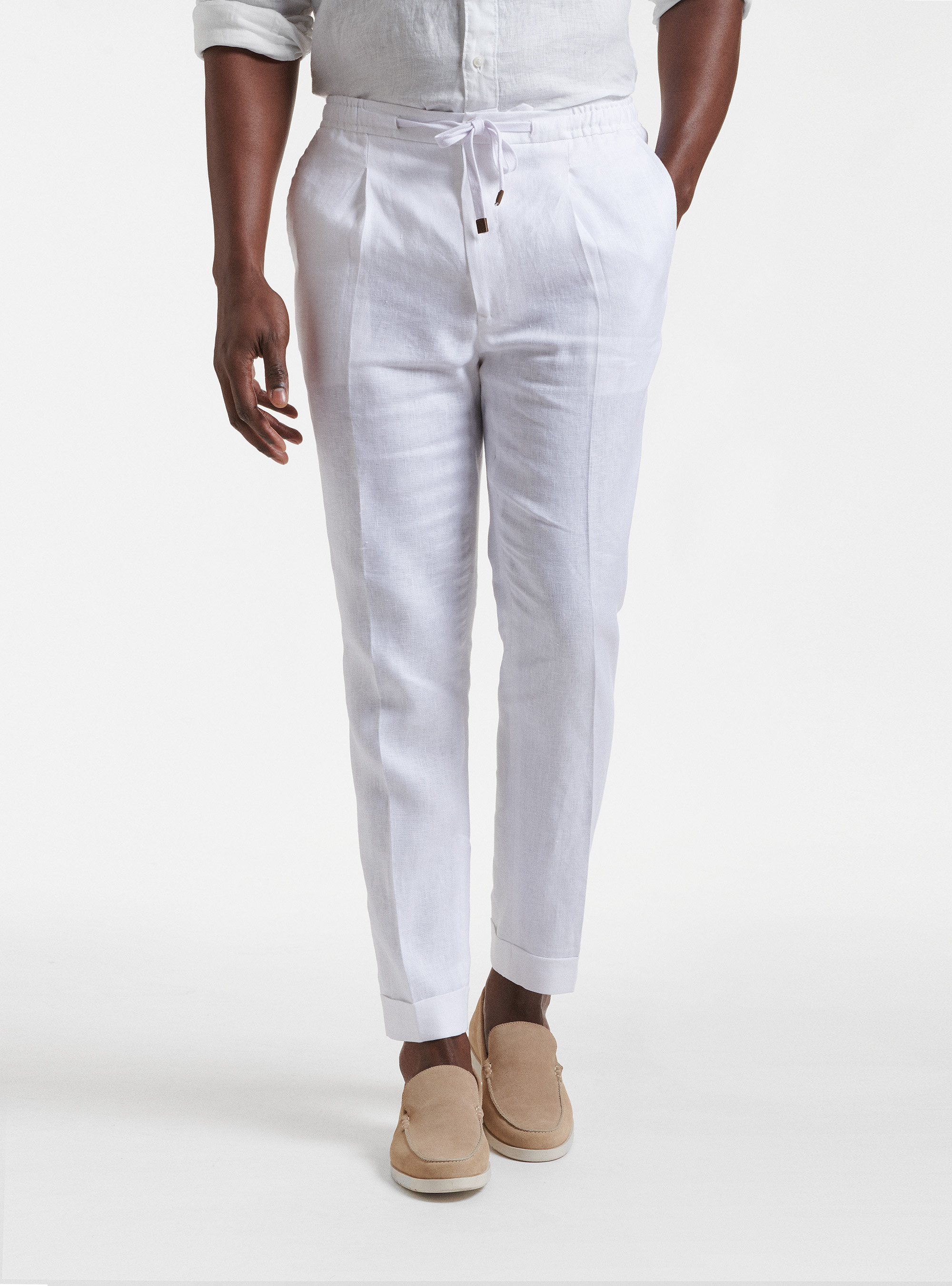 Pure linen pleat and drawstring trousers, WHITE