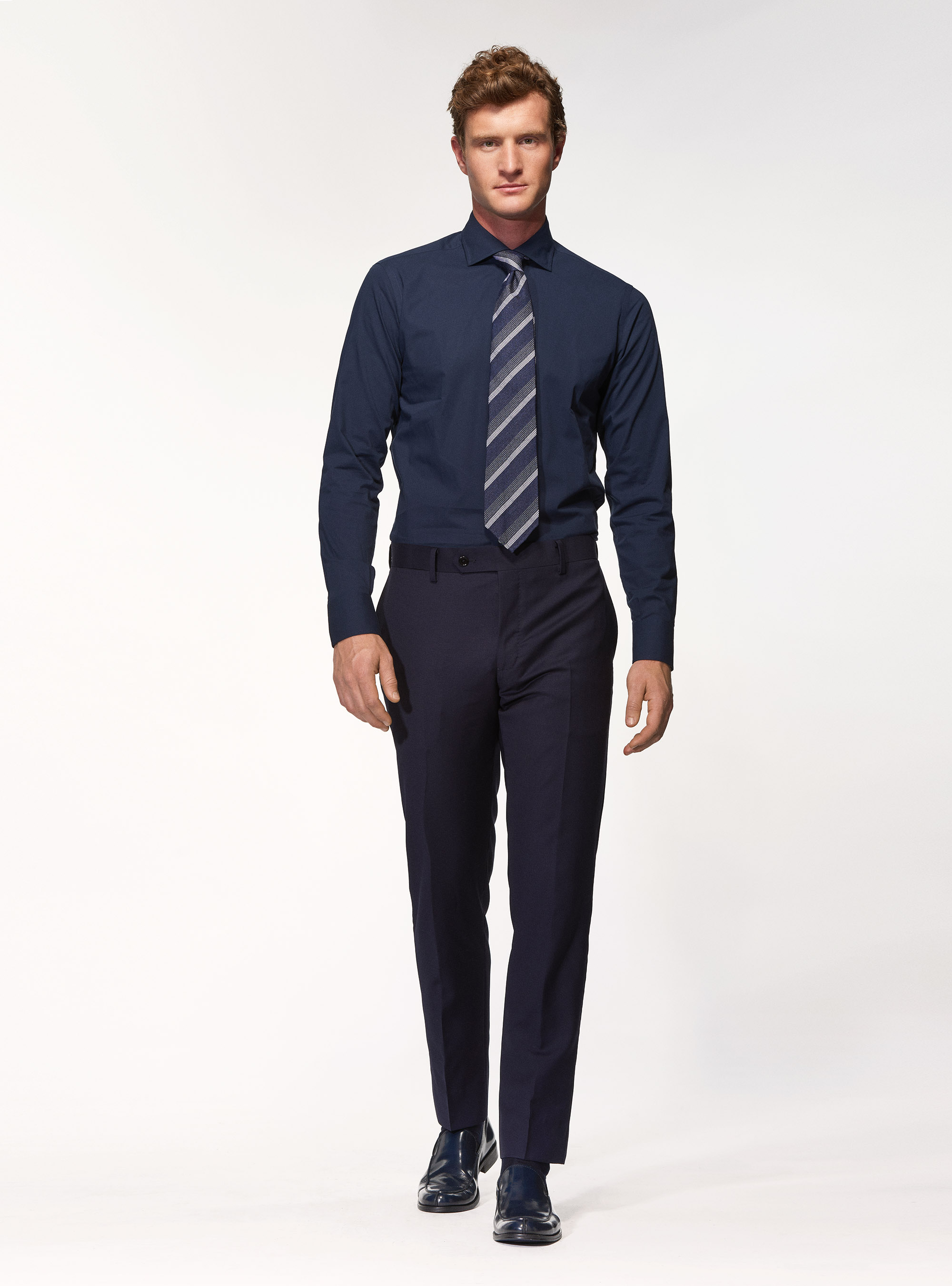 Camicia slim fit in popeline di cotone stretch, BLU NAVY