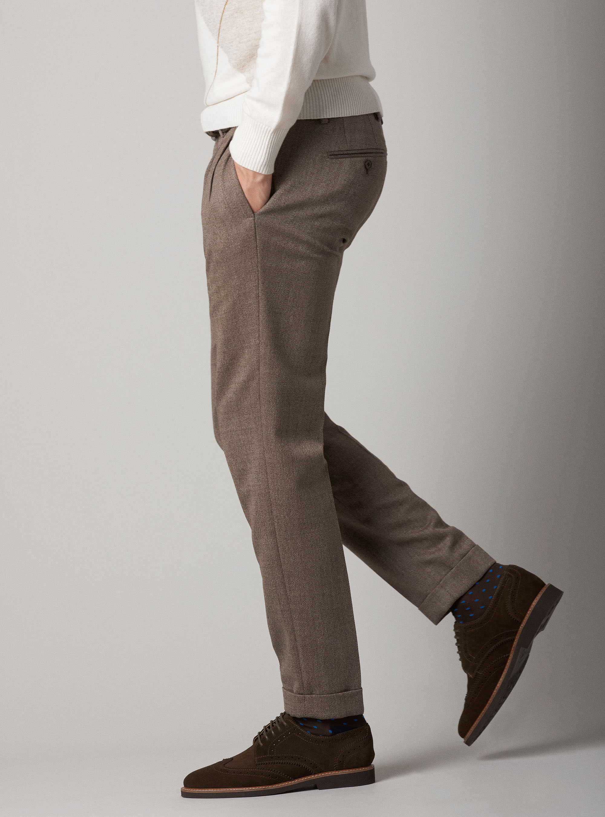 Pantaloni in twill di lana con doppia pinces, ECRU