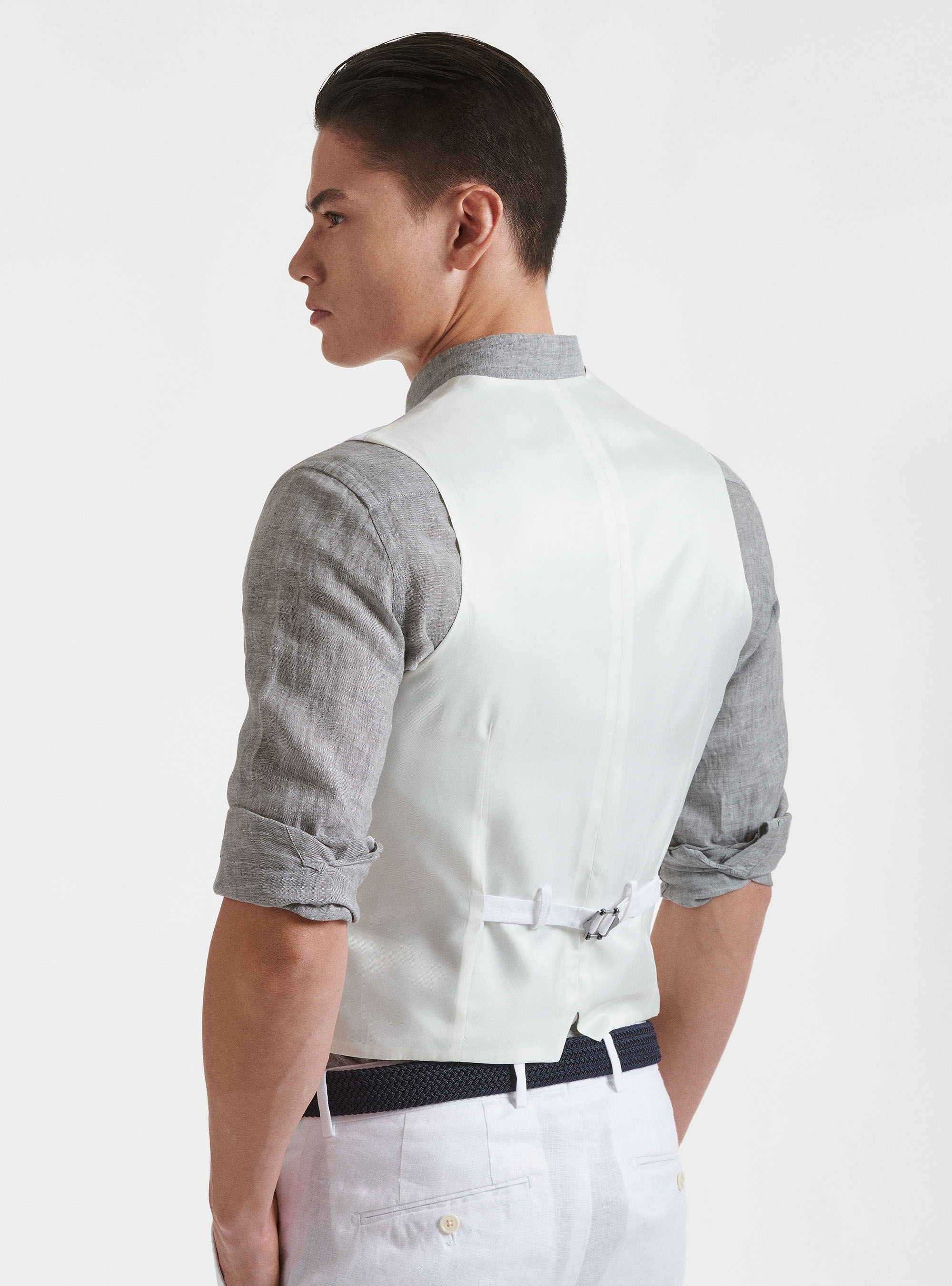 Gilet monopetto in puro lino con revers, BIANCO