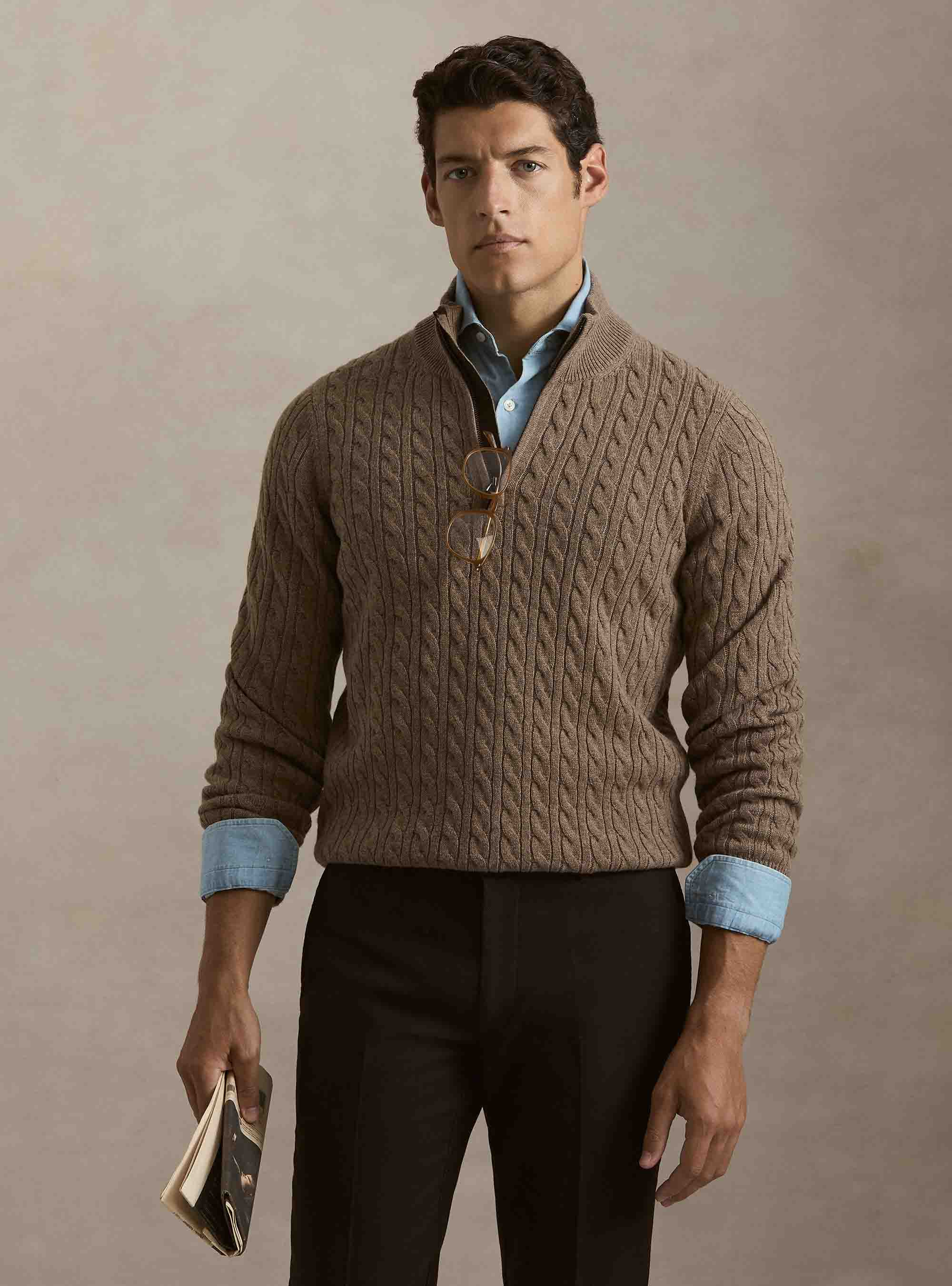 Maglia lupetto a trecce in lana e cashmere, FANGO