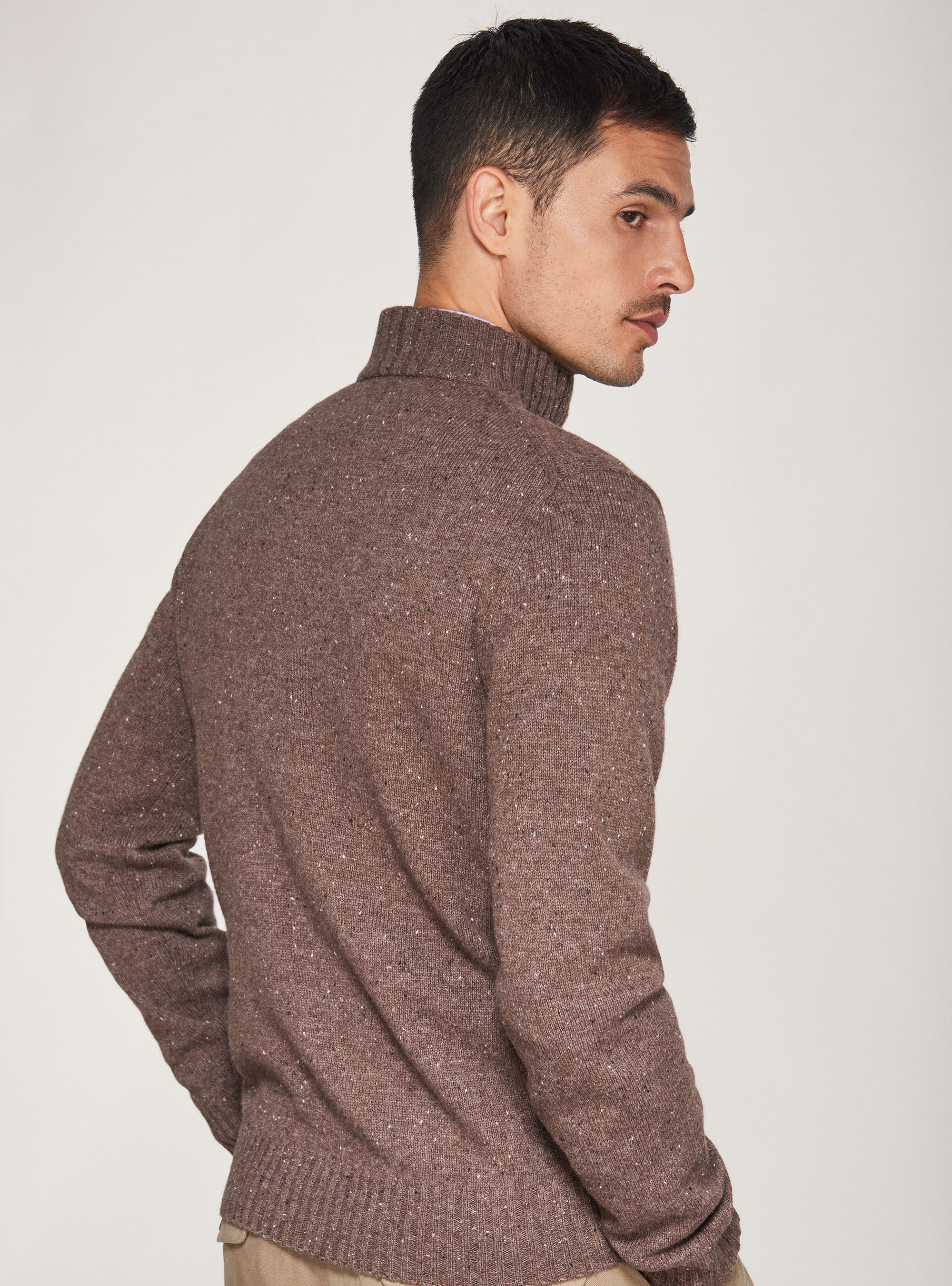 Maglia mezzo collo con bottoni in misto lana, FANGO