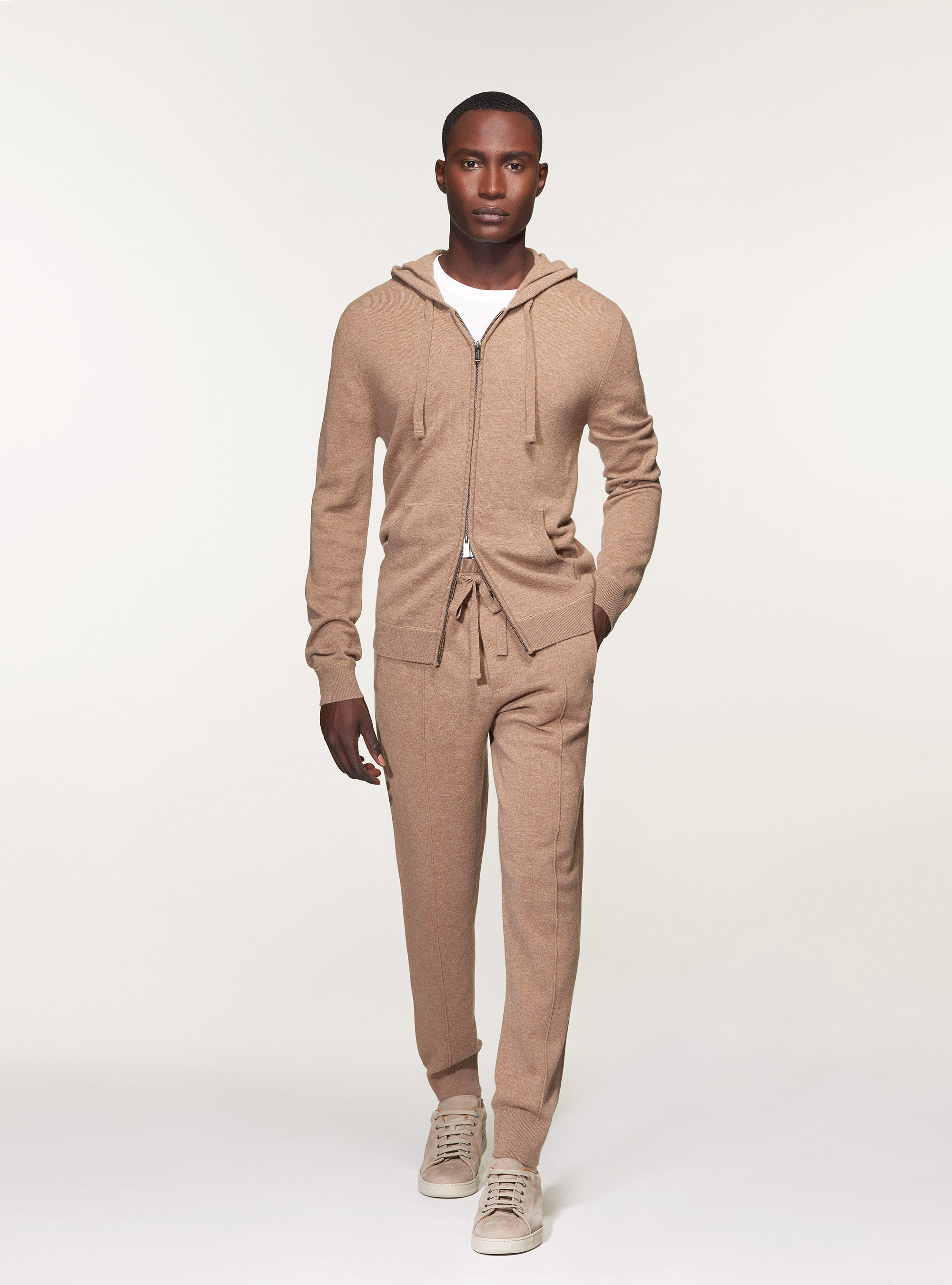 Full-zip hooded sweater in cashmere wool, ECRU