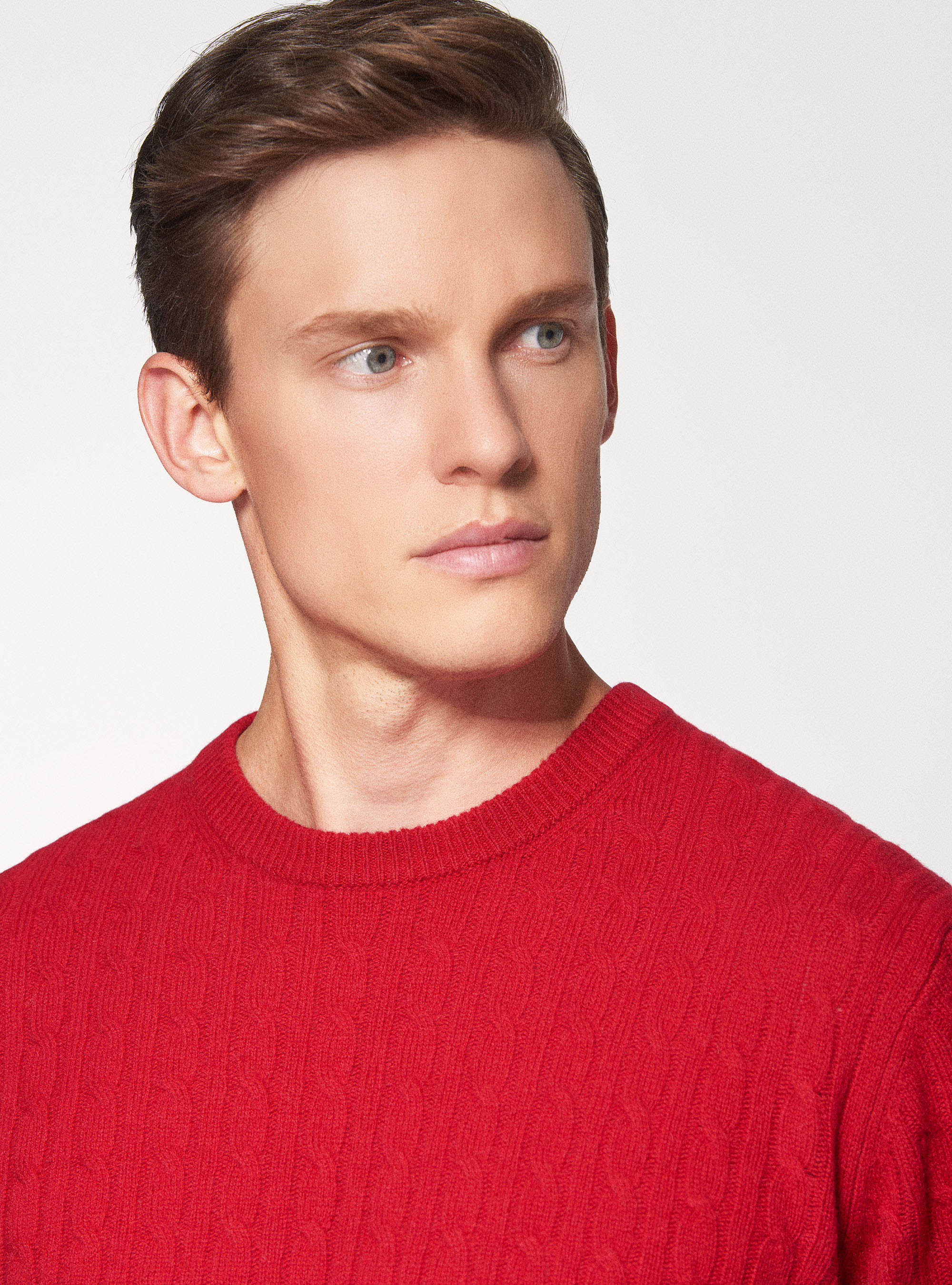 Maglia treccia girocollo in lana lambswool e cashmere, ROSSO