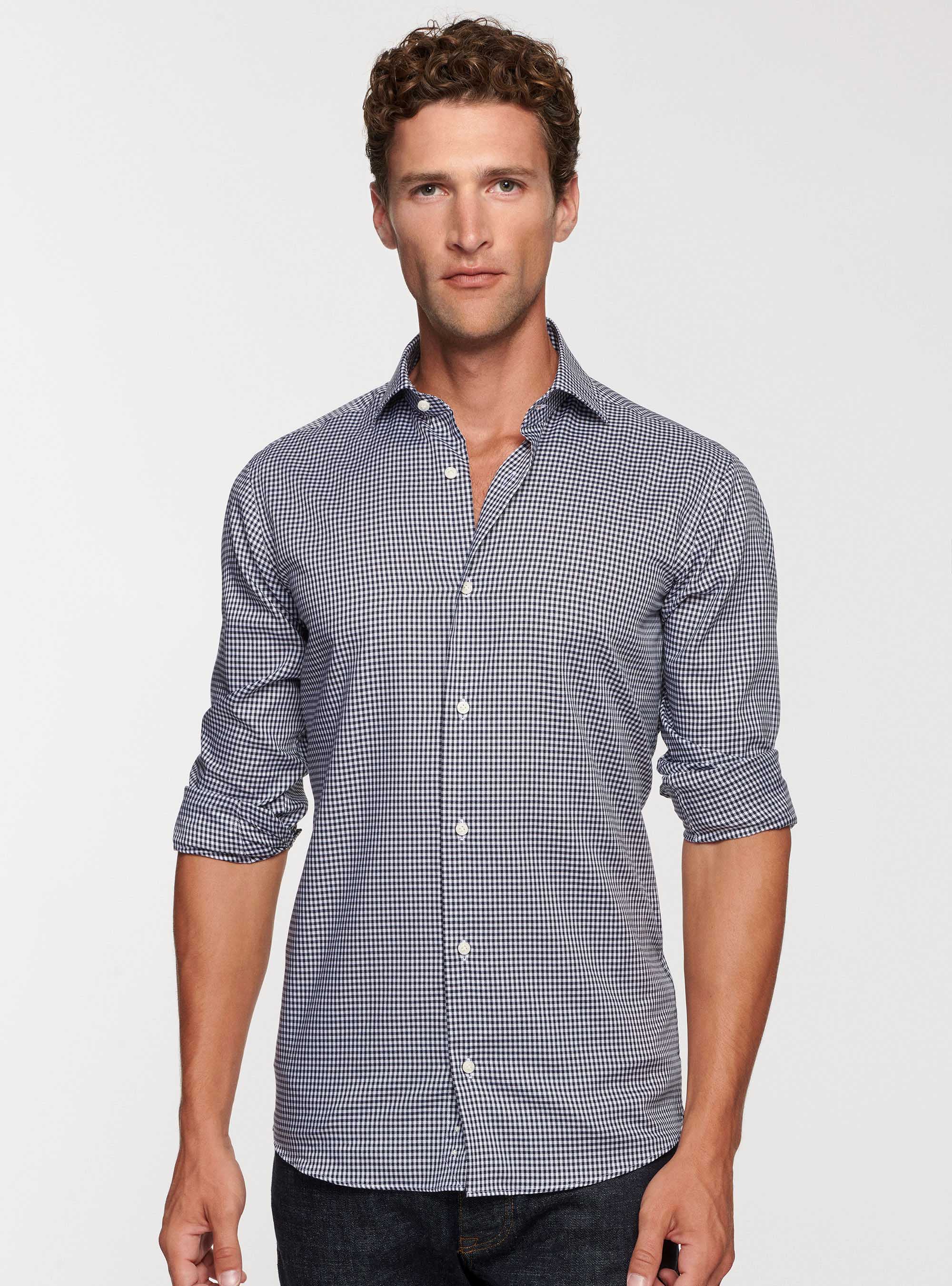 Camicia collo semi francese in cotone a quadri, BLU NAVY