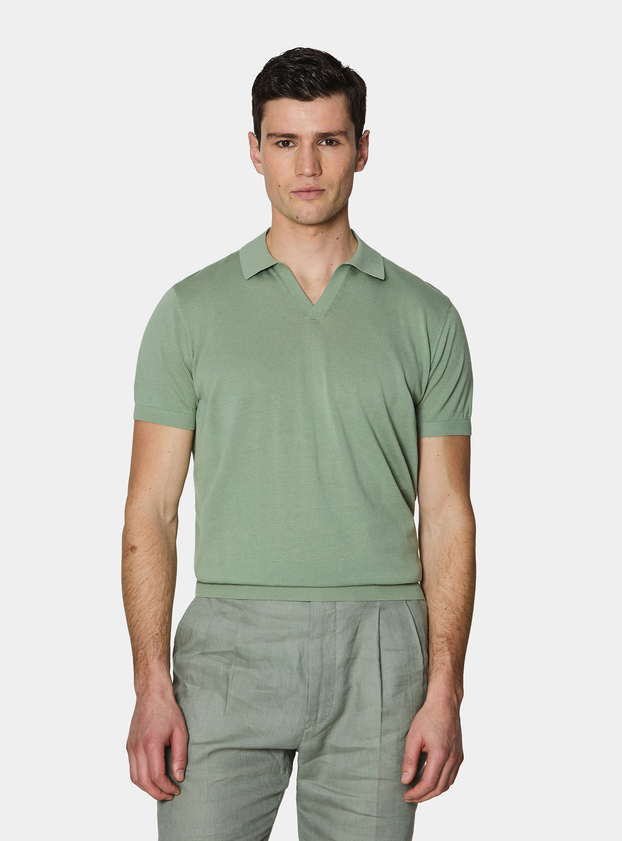 Polo tricot&eacute; sans boutons en coton extra-fin, SALVIA 0602C