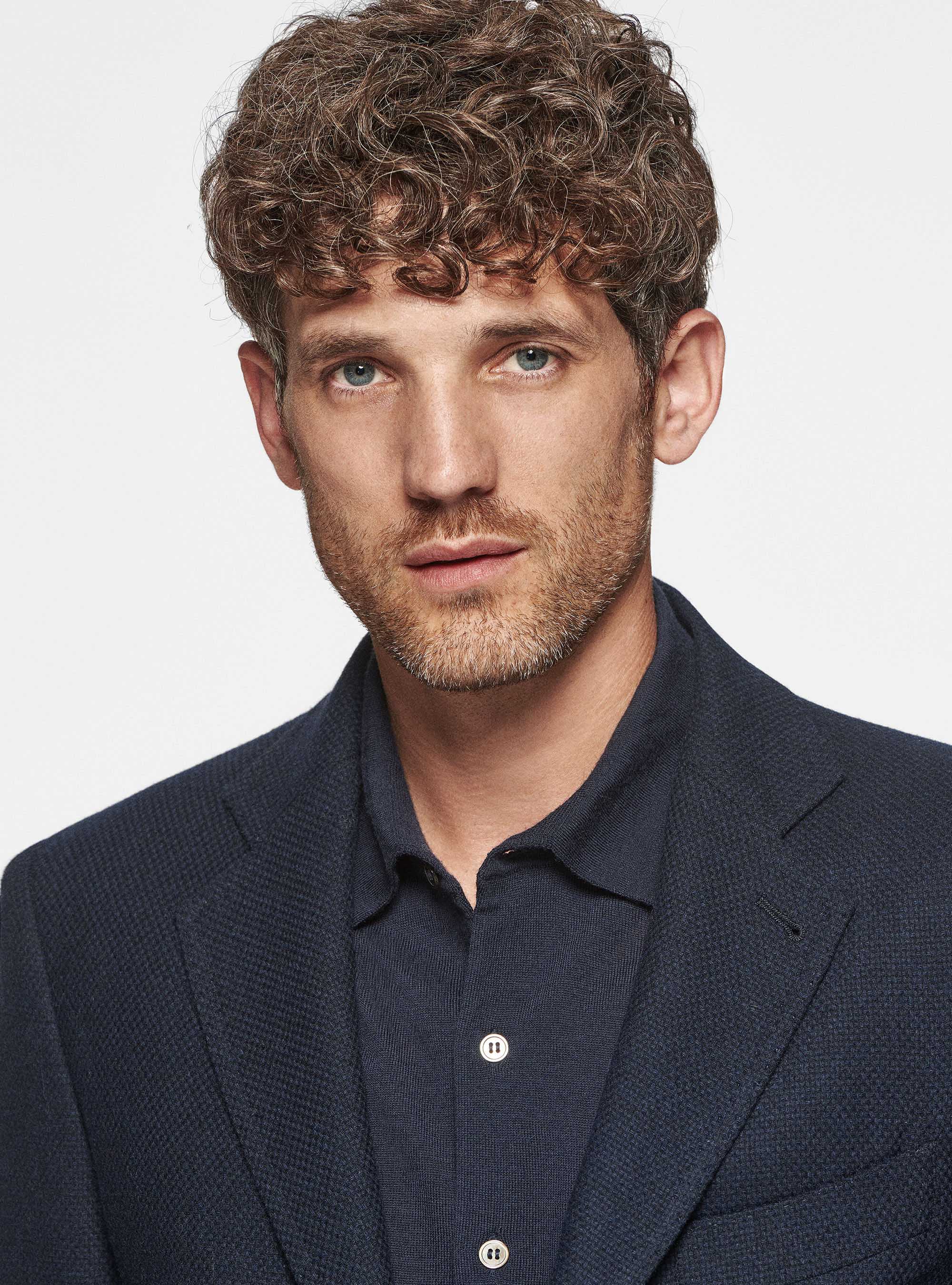 Giacca hopsack in lana cotone e cashmere, BLU NAVY