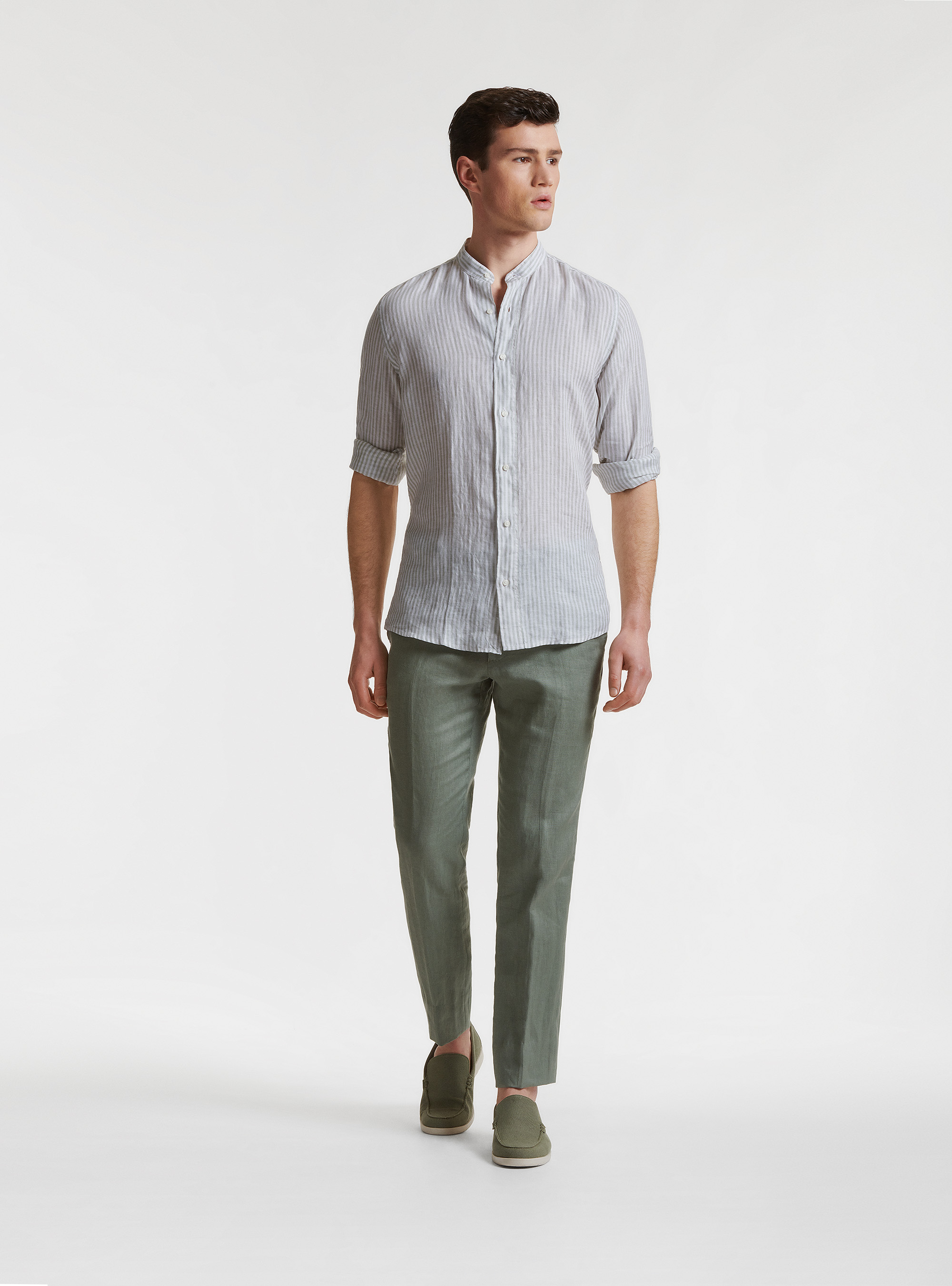 Camicia collo coreano in puro lino rigato, SALVIA 0602C
