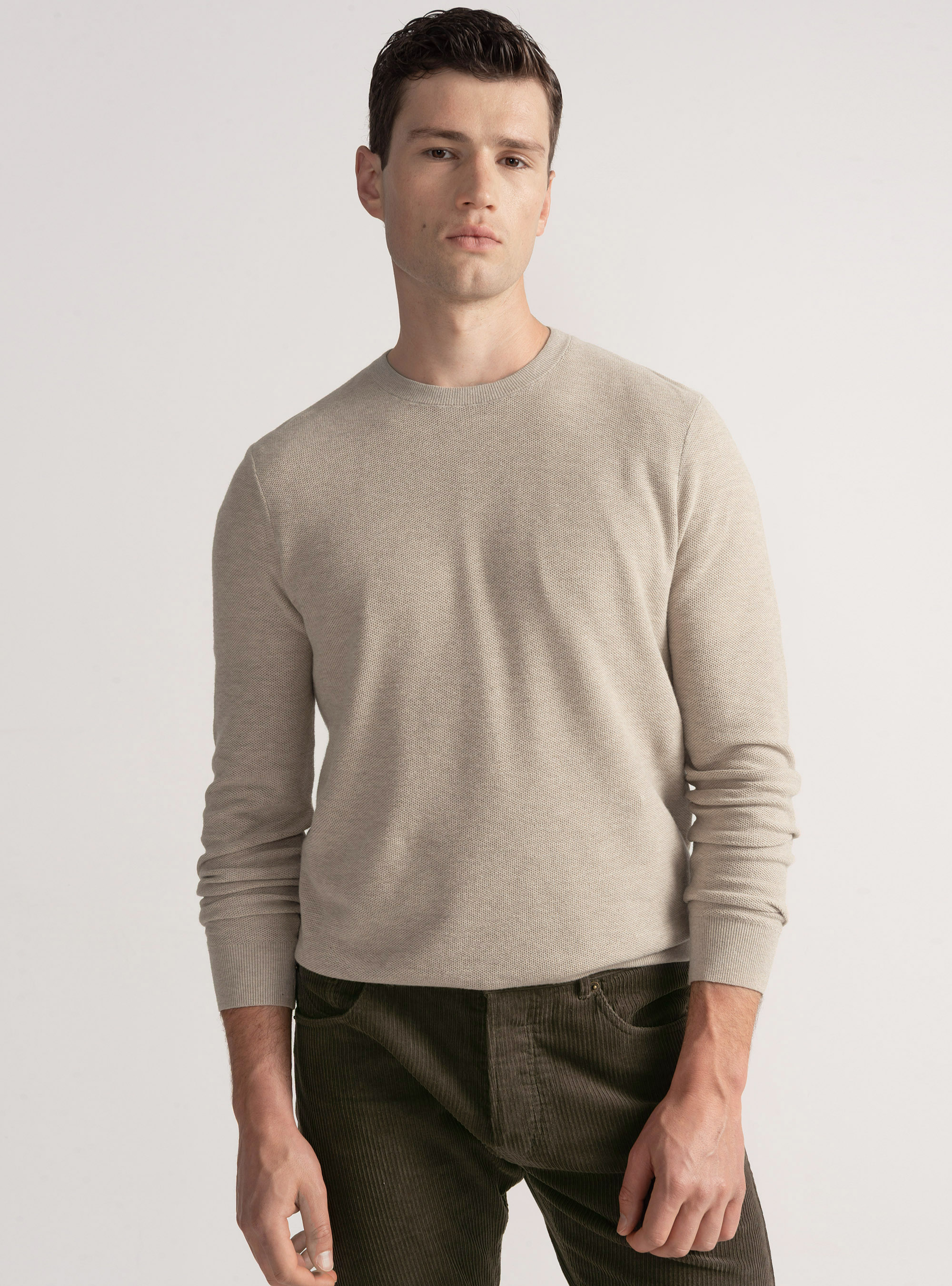 Trikot mit Rundhalsausschnitt aus Baumwolle und Kaschmir mit Wabenmuster, ECRU 0560C