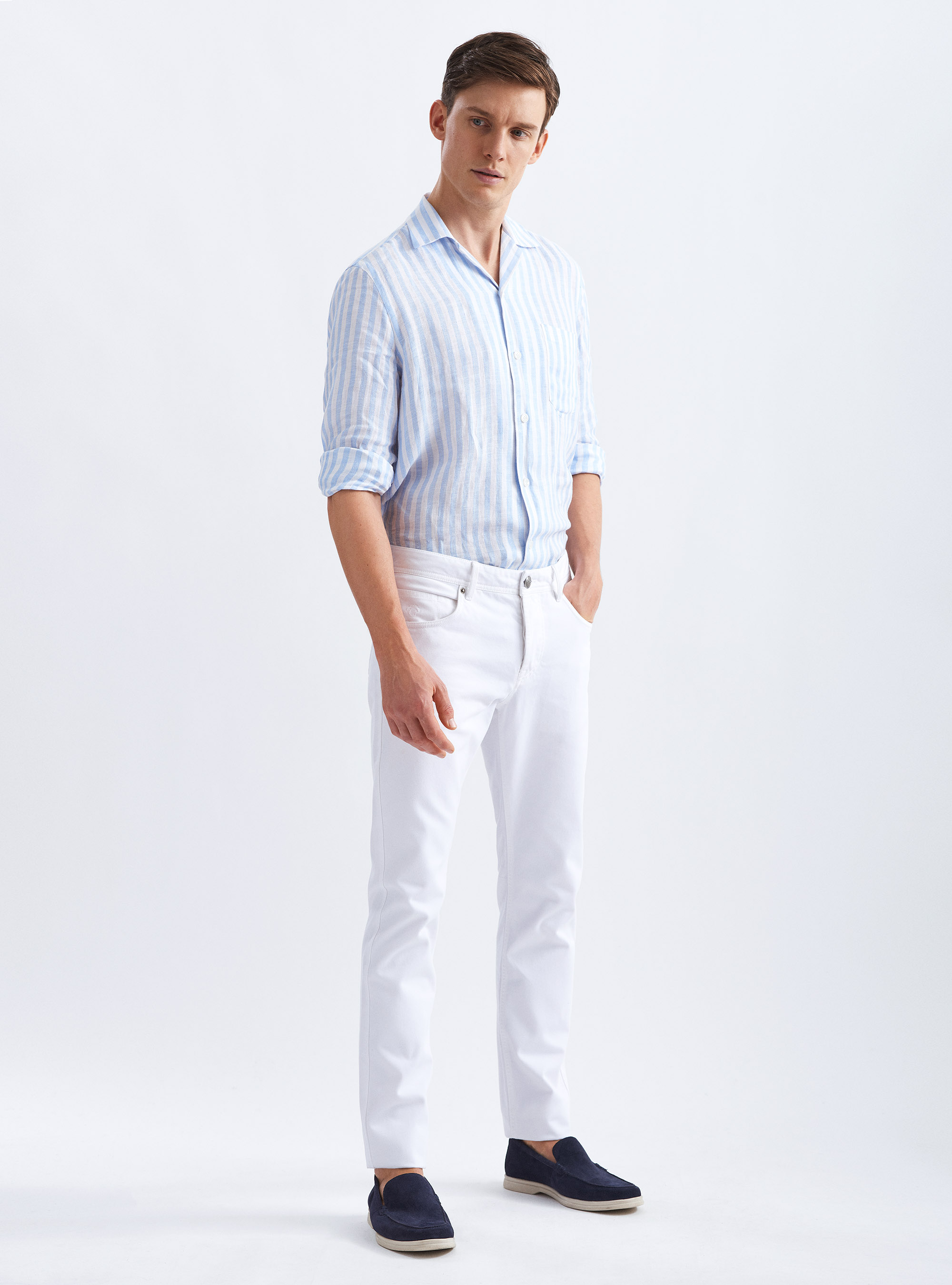 Pantaloni tipo denim 5 tasche in cotone, BIANCO