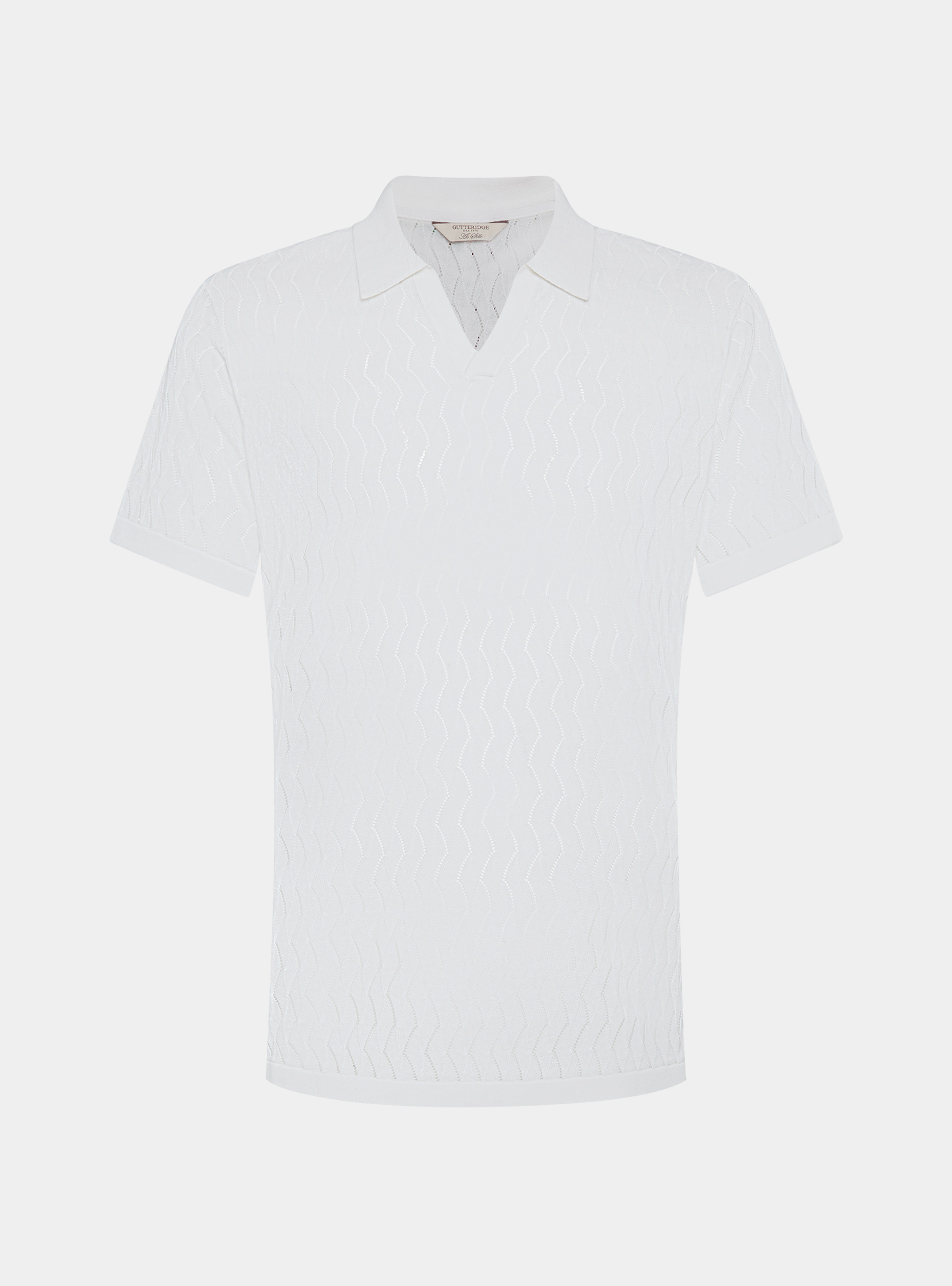 Polo in maglia traforata senza bottoni in cotone e seta, BIANCO