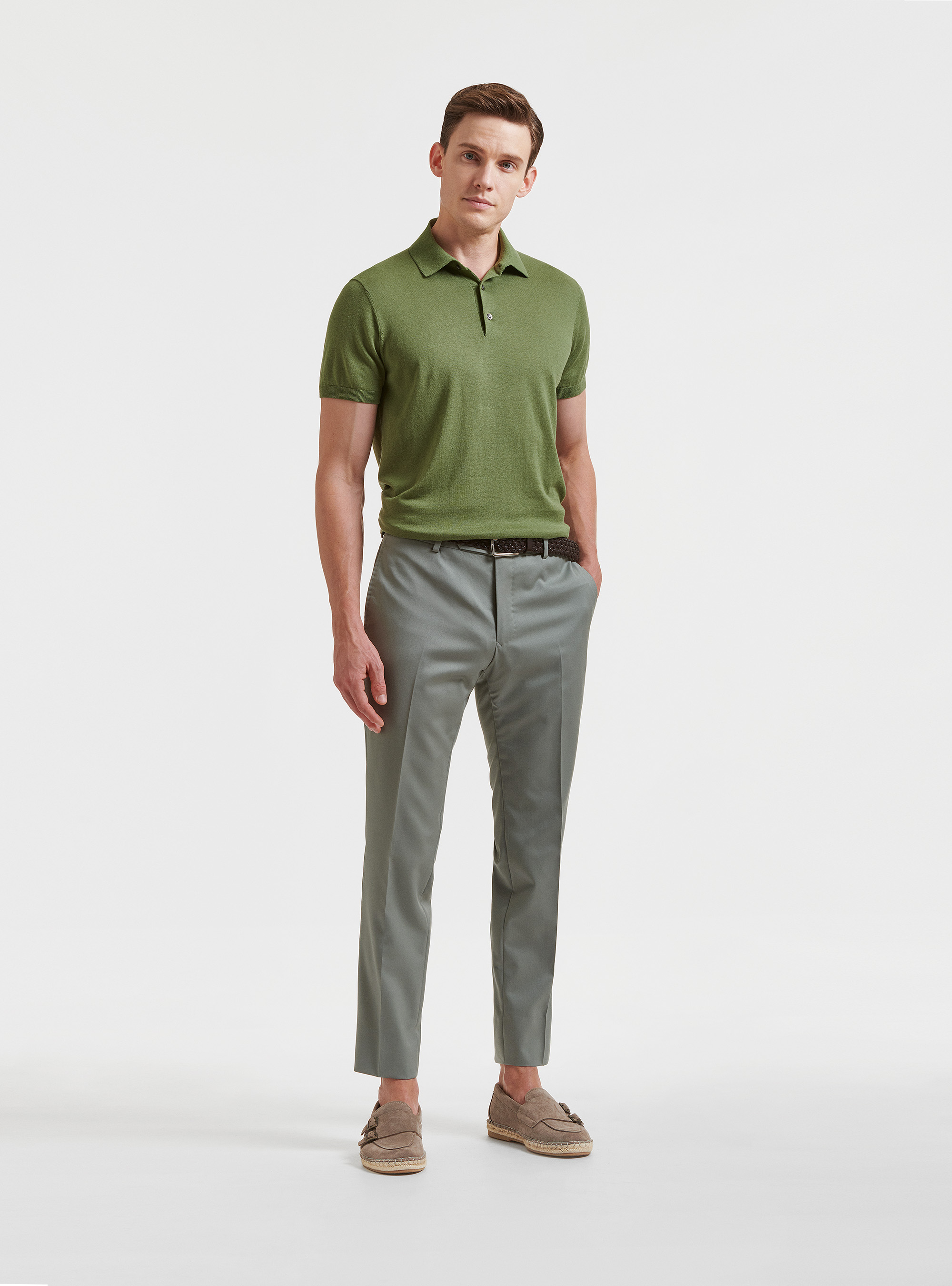 Polo en coton et soie, OLIVE