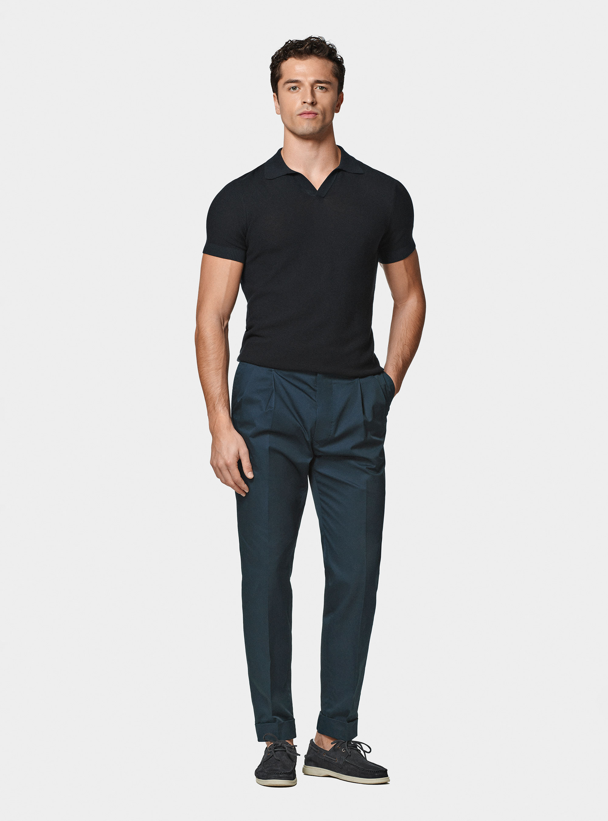 Knitted links polo shirt in extra-fine cotton, NAVY BLUE